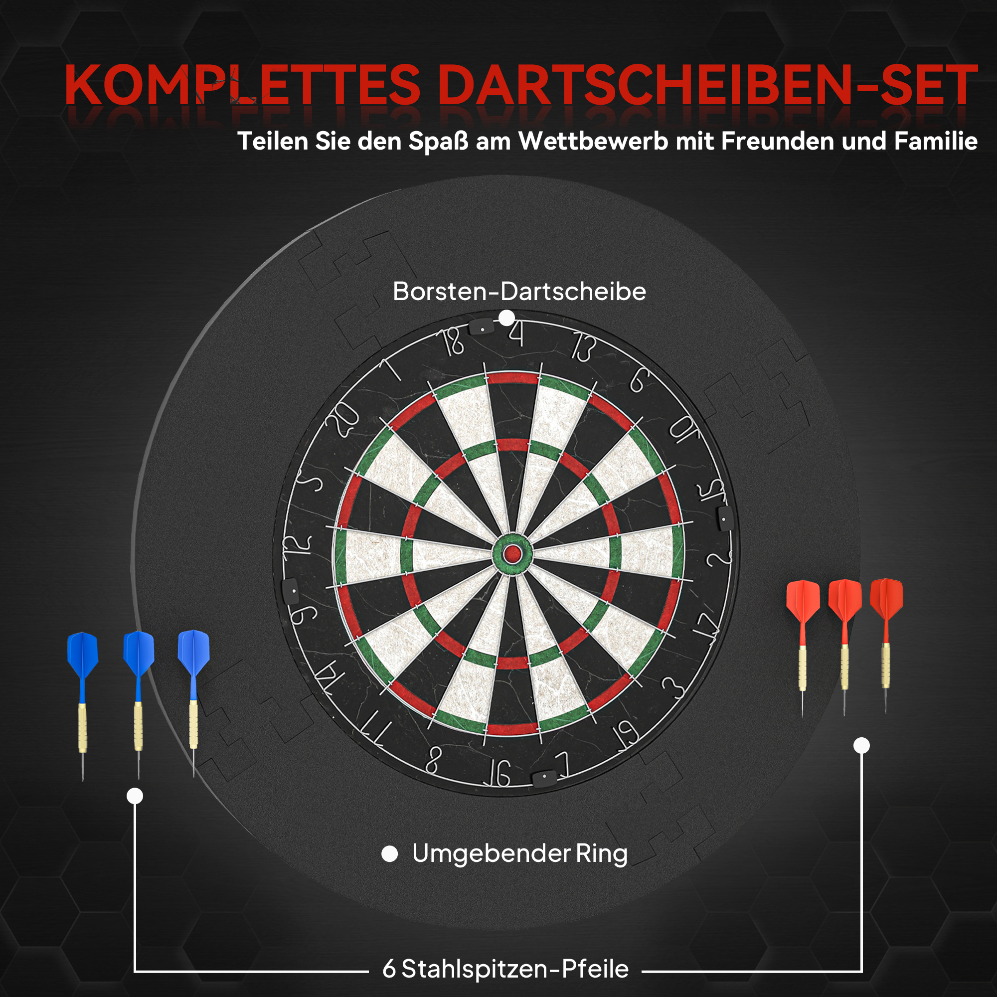 Dartscheibe Dartboard-Set mit Schutzring, 6 Dartpfeile mit Stahlspitzen, Sisal, Kunststoff, Schwarz
