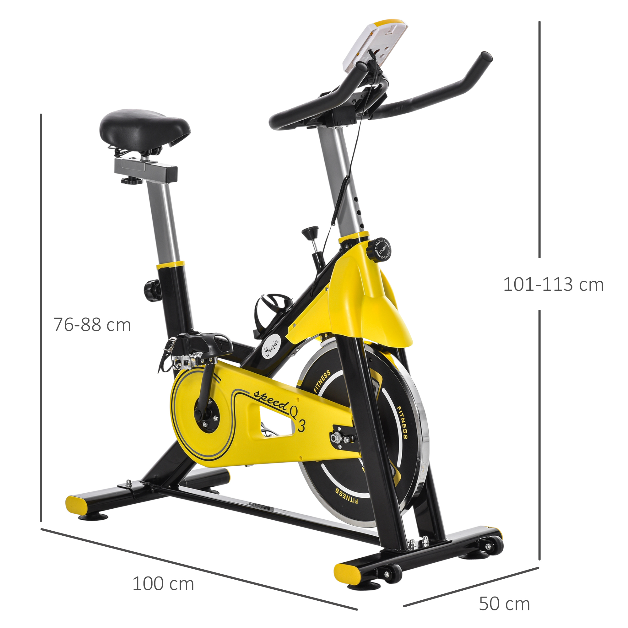 Fahrradtrainer höhenverstellbarer Heimtrainer Fitnessfahrrad Rollentrainer mit Riemenantrieb LCD-Display Stahl ABS Gelb+Schwarz 45,5 x 100 x 101-113 cm