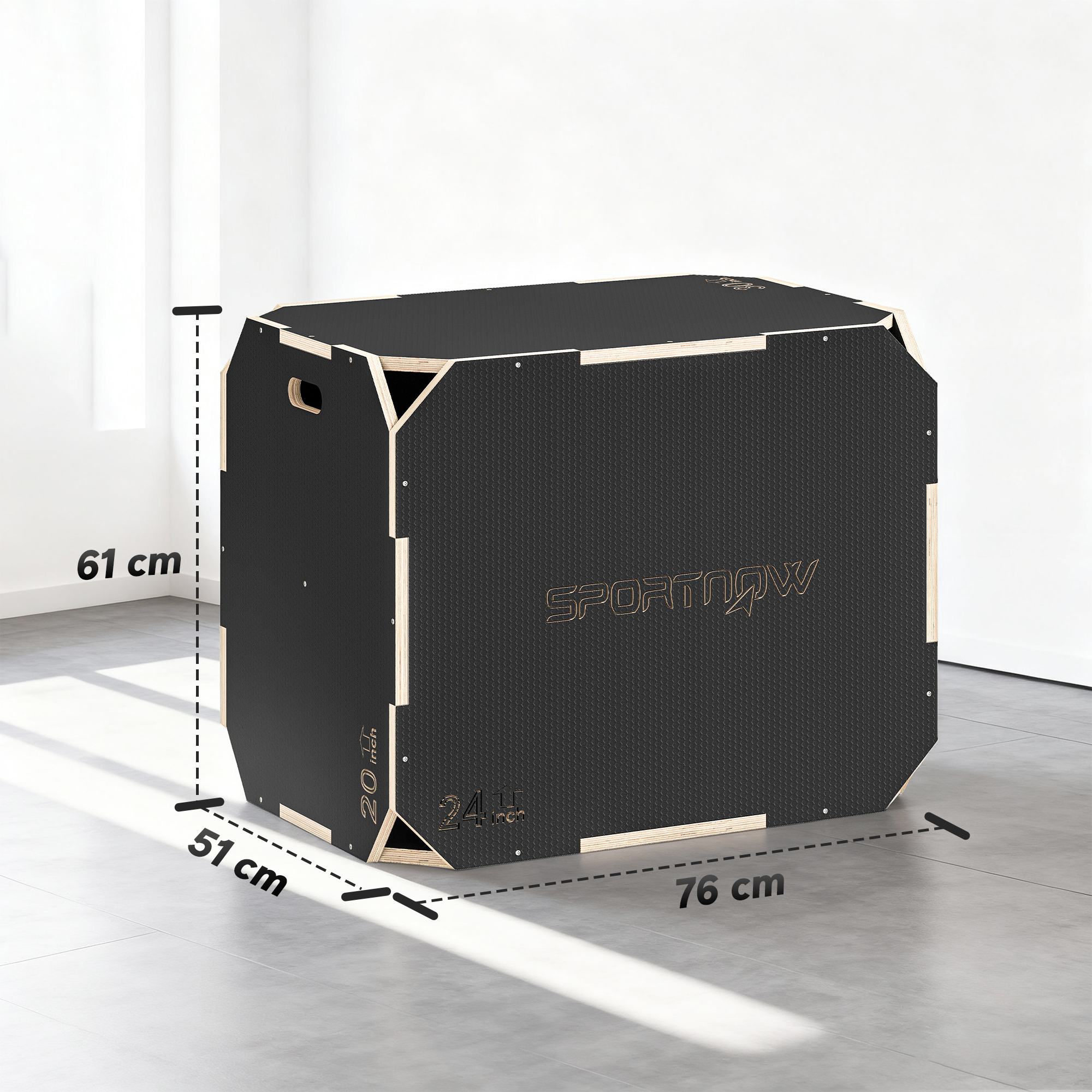 3-in-1 Plyo-Box, Sprungbox mit Griff-Öffnungen, für Home-Fitness und Outdoor-Workouts, 3 Sprunghöhen, Holz, Schwarz