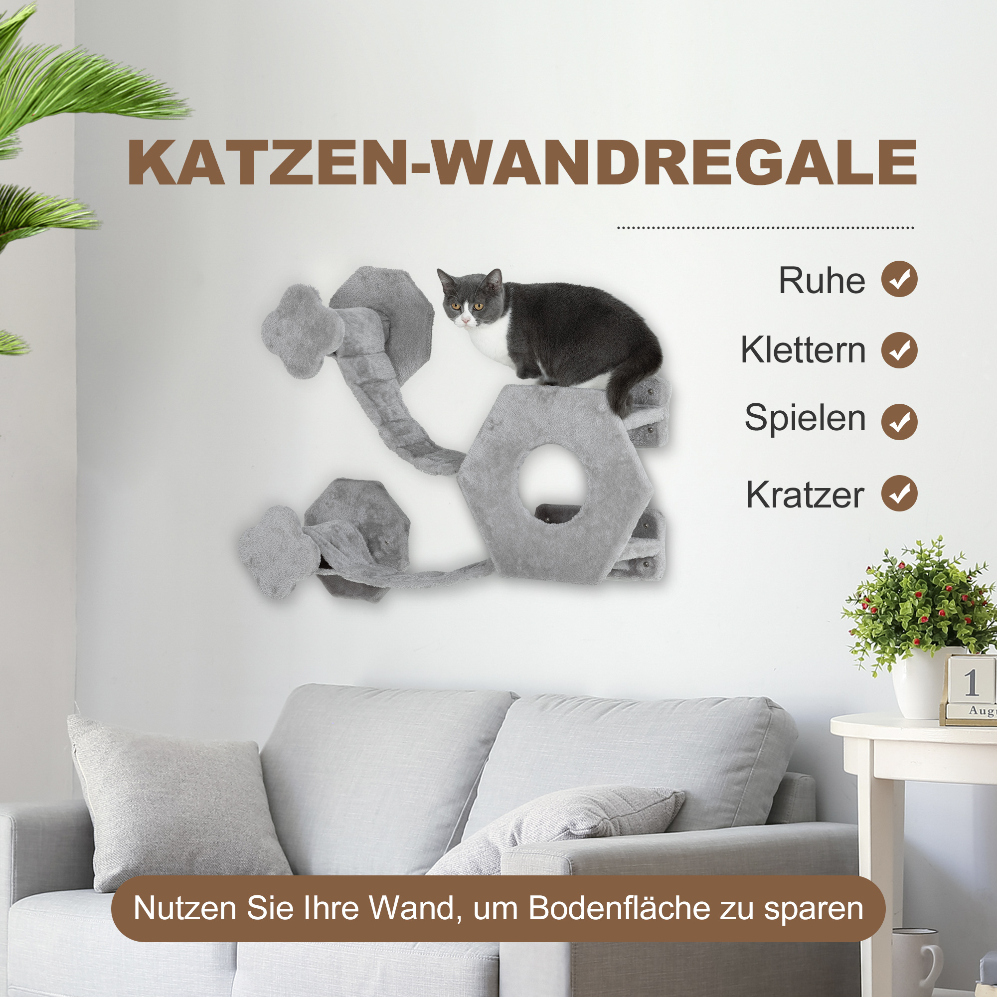 Katzen Kletterwand, inkl, Katzenhaus, Leitern, Spielball, platzsparend, Hellgrau