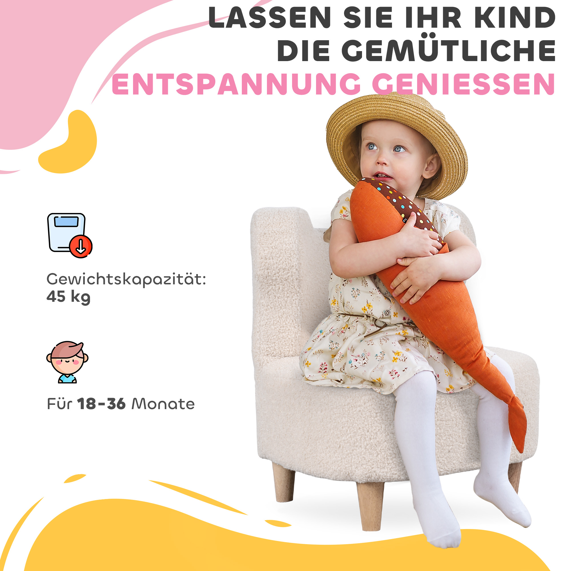 Kindersessel, Plüschsessel mit Bärenohren, Fleece-Bezug, Schaumstoff, Beige