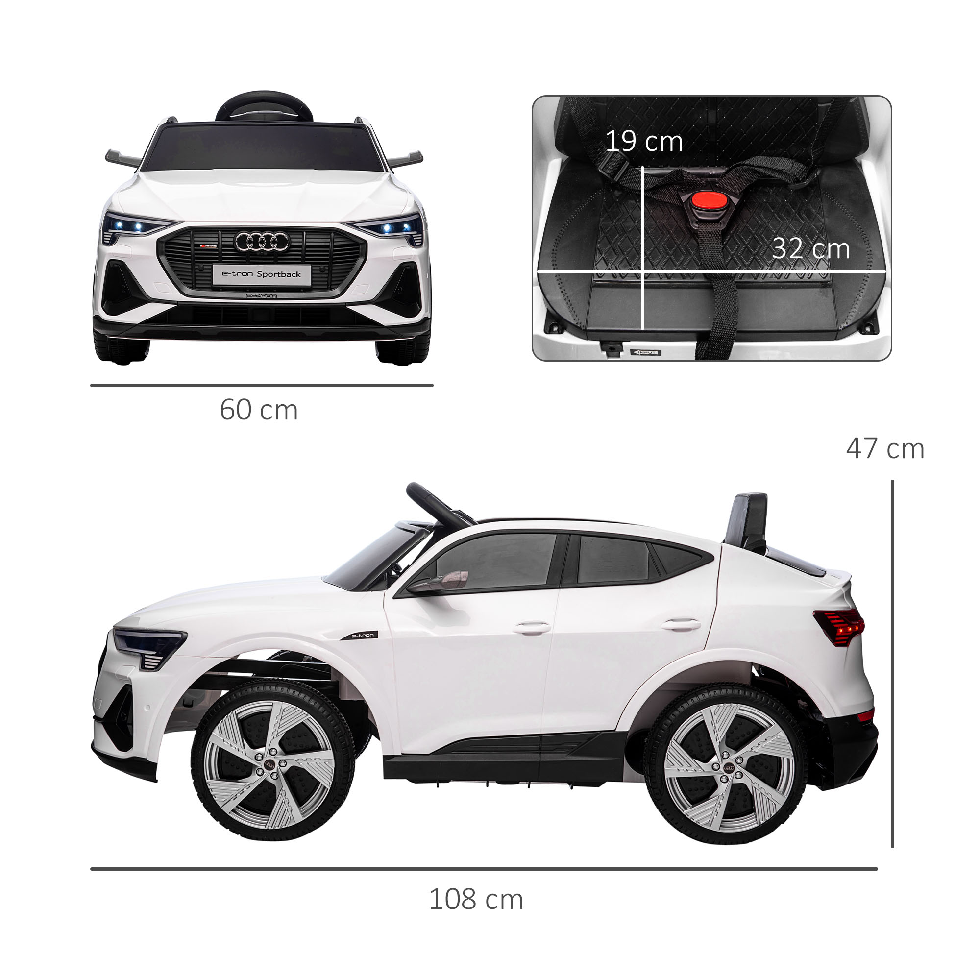 Kinderfahrzeug Audi E-tron Elektroauto mit Fernbedienung, Sicherheitsgurt, Musik (MP3/USB/TF), Kinderfahrzeug für Kinder 3-5 Jahre, 3-5 km/h, Weiß