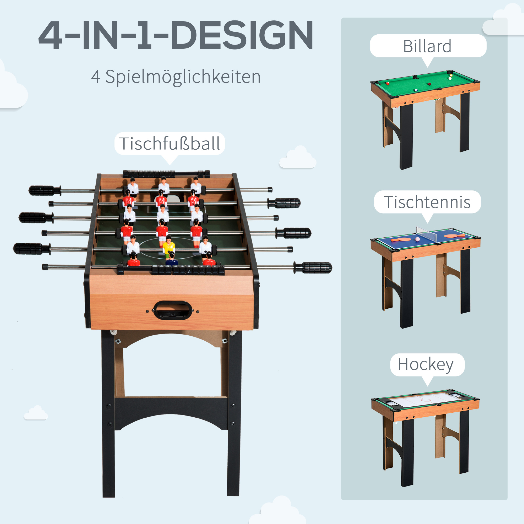 2-in-1 Tischkicker, Multispieltisch 4 in 1, kompakt, inkl, Spielaccessoires, 92 x 78 x 80 cm