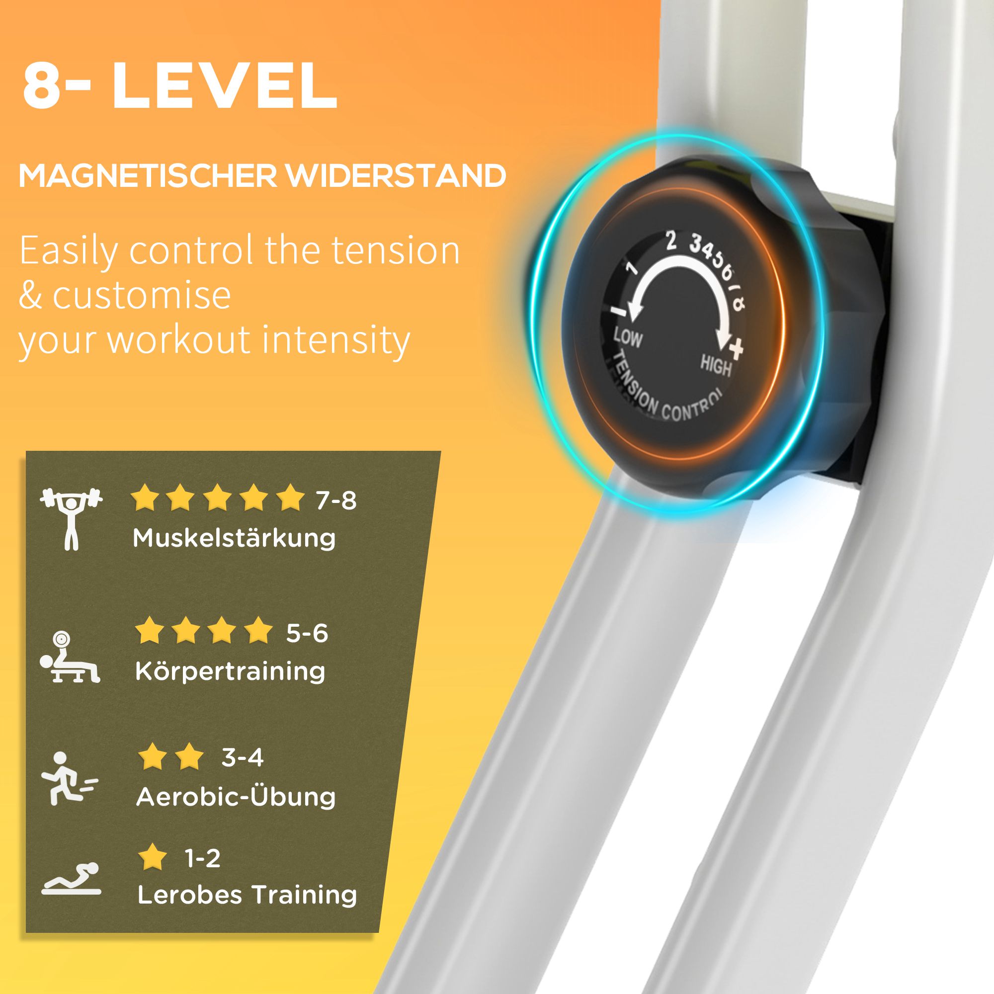 Heimtrainer Fahrradtrainer klappbar Magnetisch Hometrainer Fahrrad mit LCD Monitor, 8 stufig einstellbarem Magnetwiderstand, Platzsparend Fitnessbikes für Zuhause Gelb+Weiß