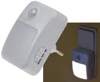 LED Nachtlicht mit Bewegungsmelder, 230V, 6 weiße LEDs, On/Off/Auto LED Nachtlicht mit Bewegungsmelder, 230V, 6 weiße LEDs, On/Off/Auto