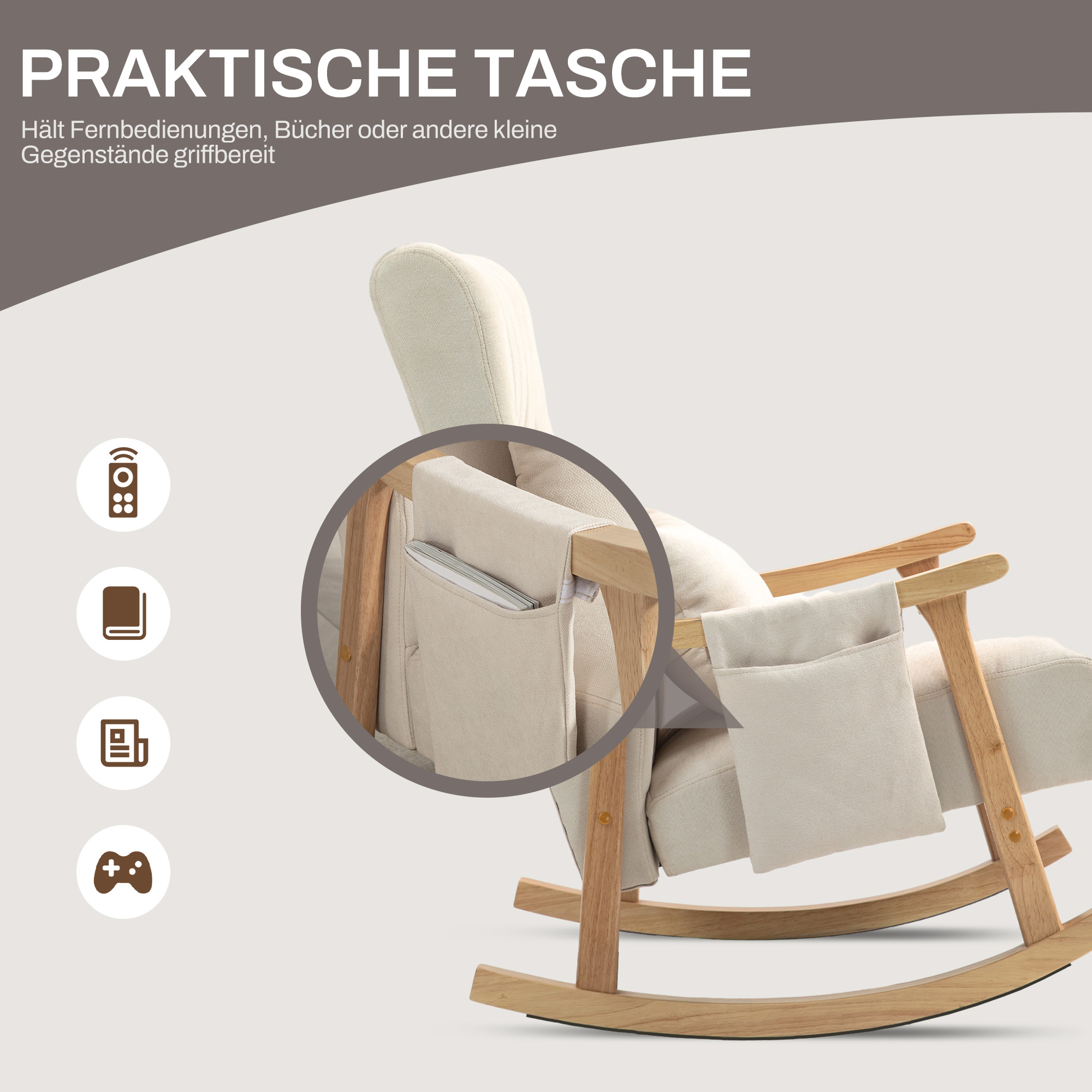 Schaukelstuhl mit Nierenkissen, breiter Sitz, Buchenrahmen, bis 120 kg, Beige