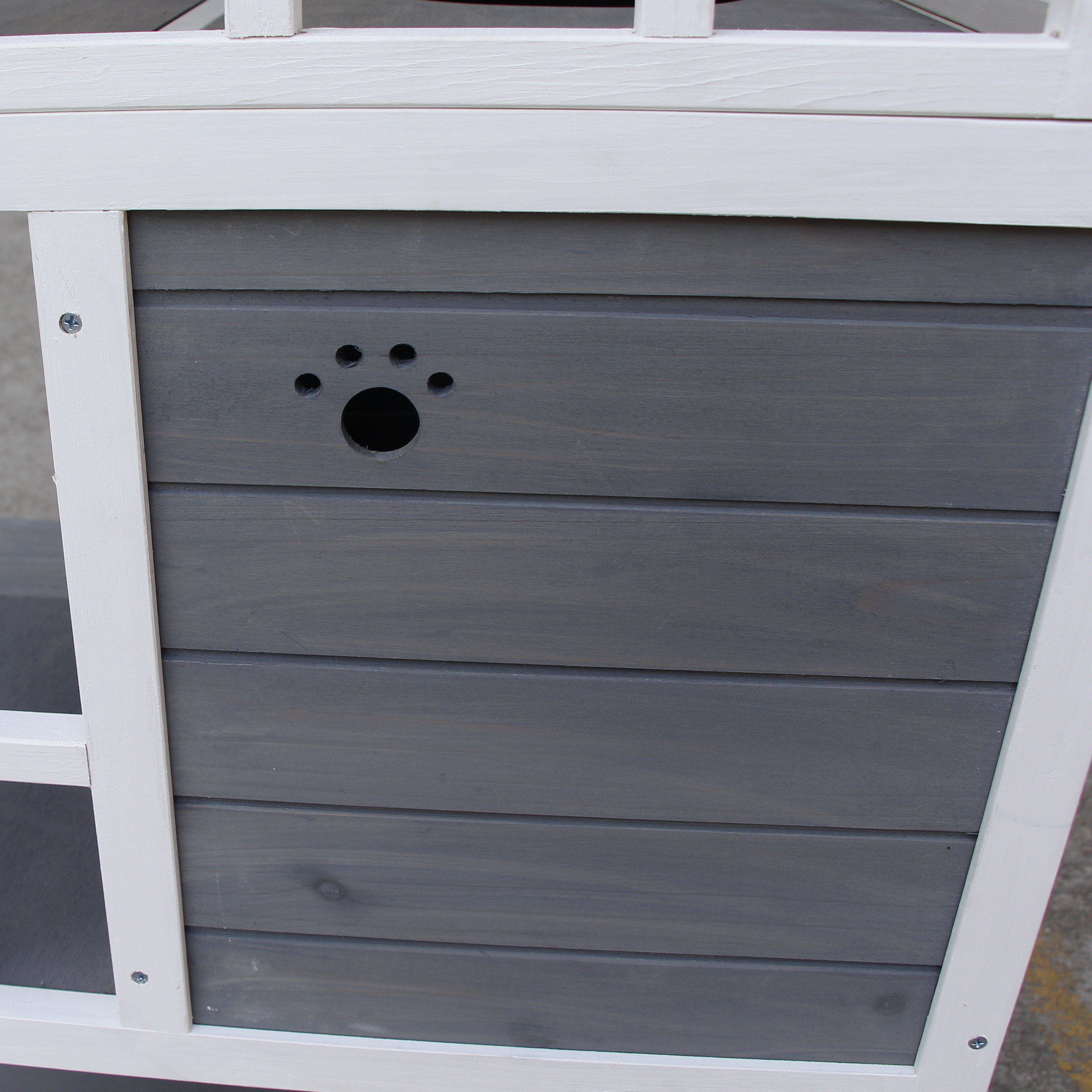 Katzenhaus, Tannenholz, Katzenhütte für draußen mit Terrasse, Katzenhöhle, 4 Etagen, Katzenvilla mit Treppe, Asphaltdach, Winterfest, Kleintierhaus, Grau, 75,5 x 75 x 137 cm