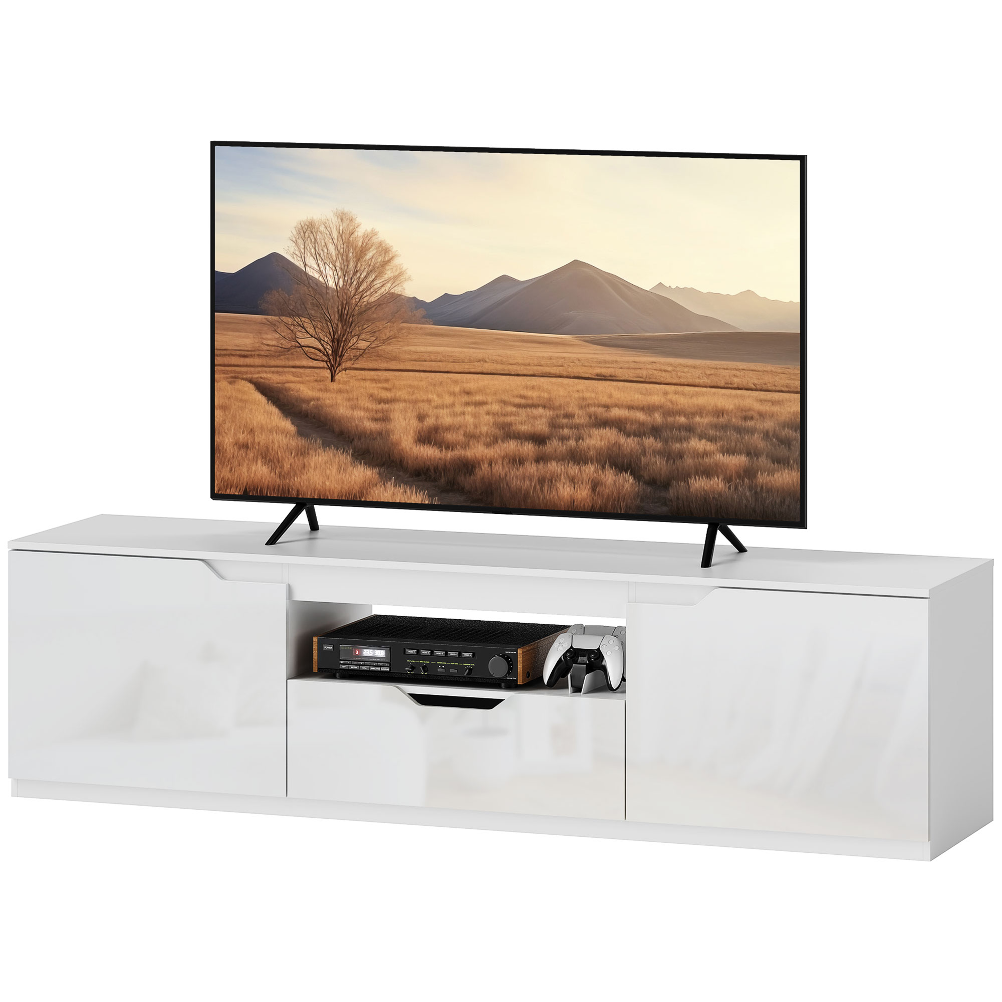 TV-Lowboard, Hochglanz, für Fernseher bis 65'', 3 Fächer, Schublade, 160 x 38 x 43 cm, Weiß TV-Lowboard, Hochglanz, für Fernseher bis 65'', 3 Fächer, Schublade, 160 x 38 x 43 cm, Weiß