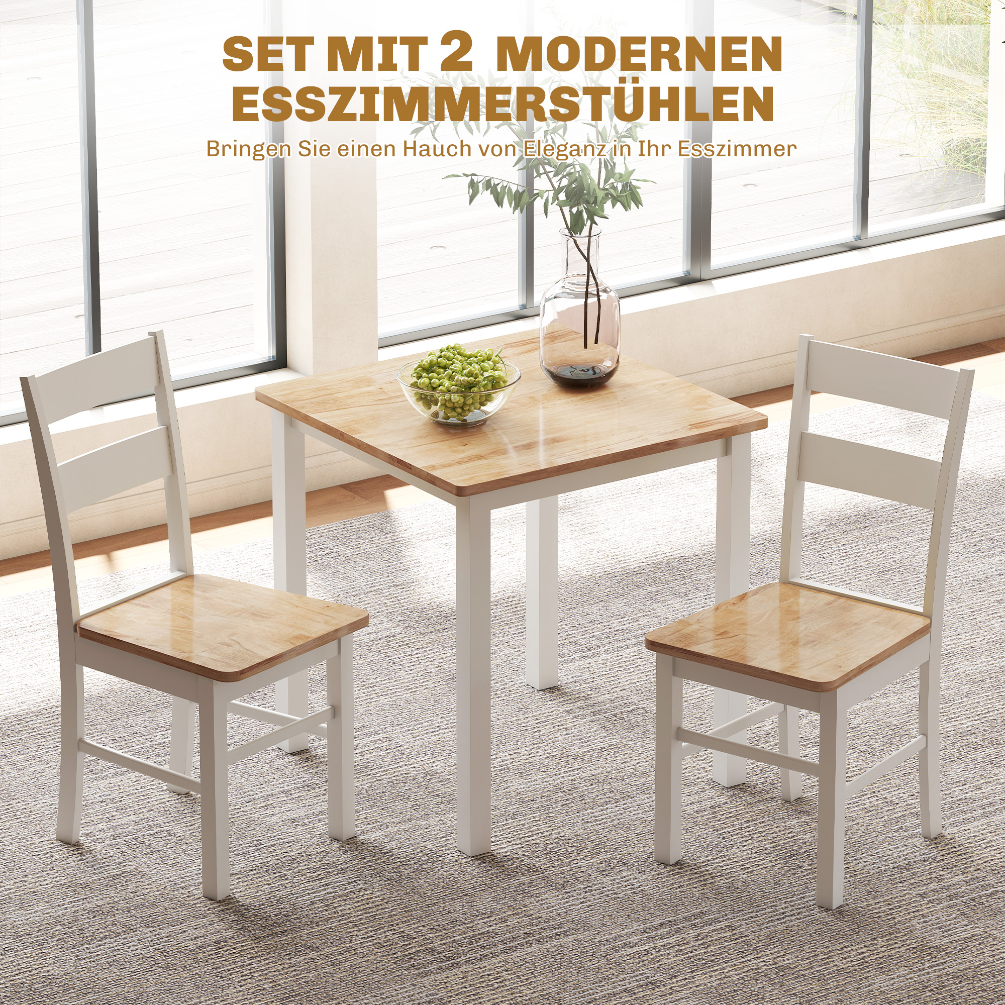 2er-Set Küchenstühle, Kautschukholz, gebogene Sprossenlehne, Weiß