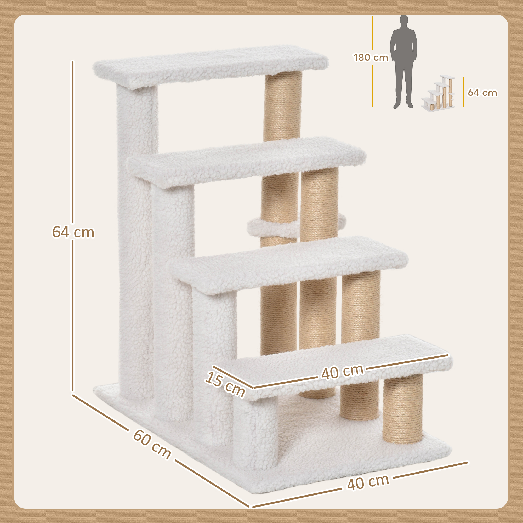 Katzentreppe 4-stufige Haustiertreppe mit Kratzsäulen Ball Hundetreppe Tiertreppe für Katzen bis 5 kg Plüsch Jute Weiß 60 x 40 x 64 cm