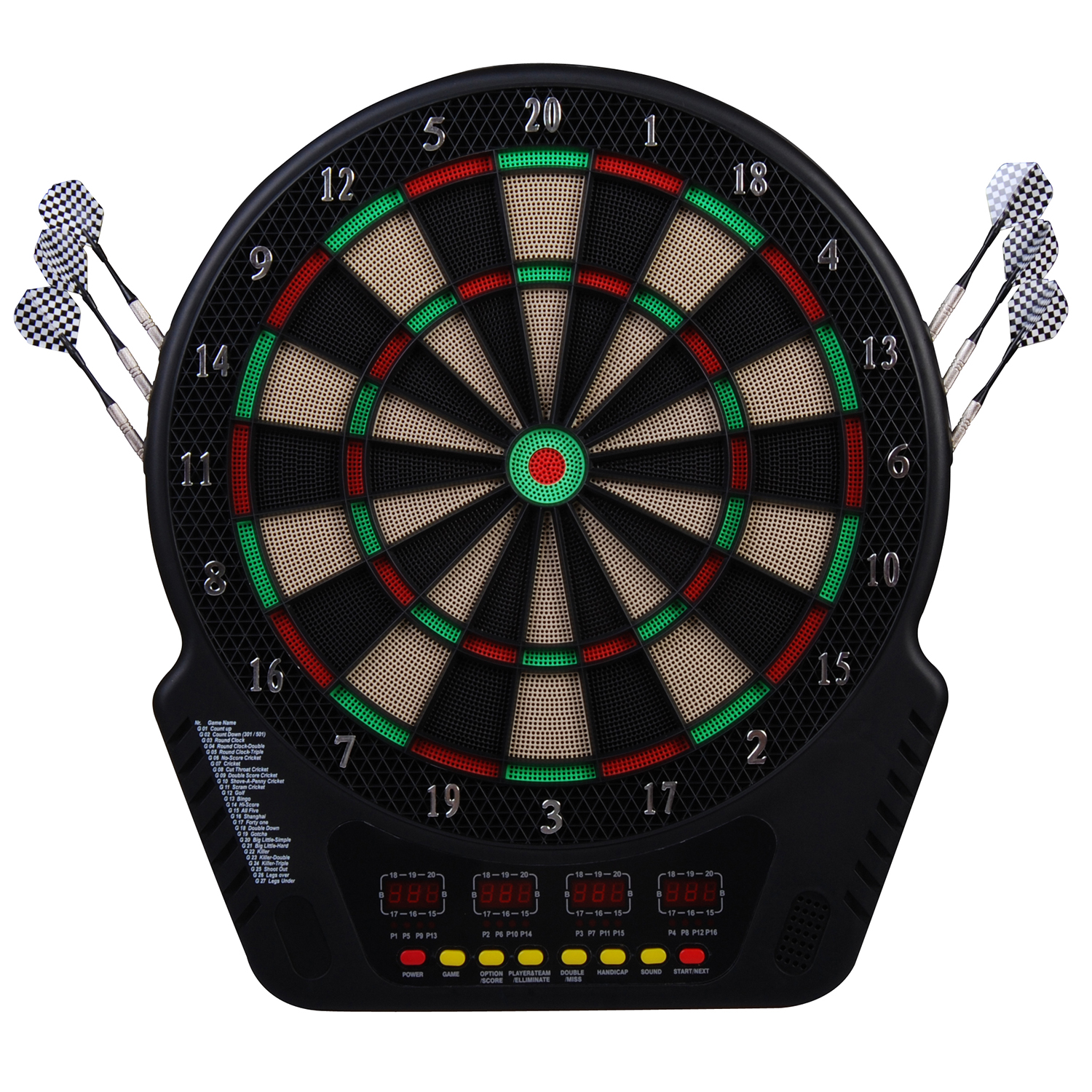 Elektronische Dartscheibe Dartboard Dart-set mit LED Anzeige mit automatischer Wertung Soundeffekte 6 Darts 24 Dartköpfe 27 Spiele und 243 Trefferoptionen für 16 Spieler 44 x 51,5 x 3,2 cm