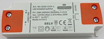LED-Trafo "CT-SL20" SlimLine 0,5-20W, Ein 180-264V, Aus 12V= Konstantspannung