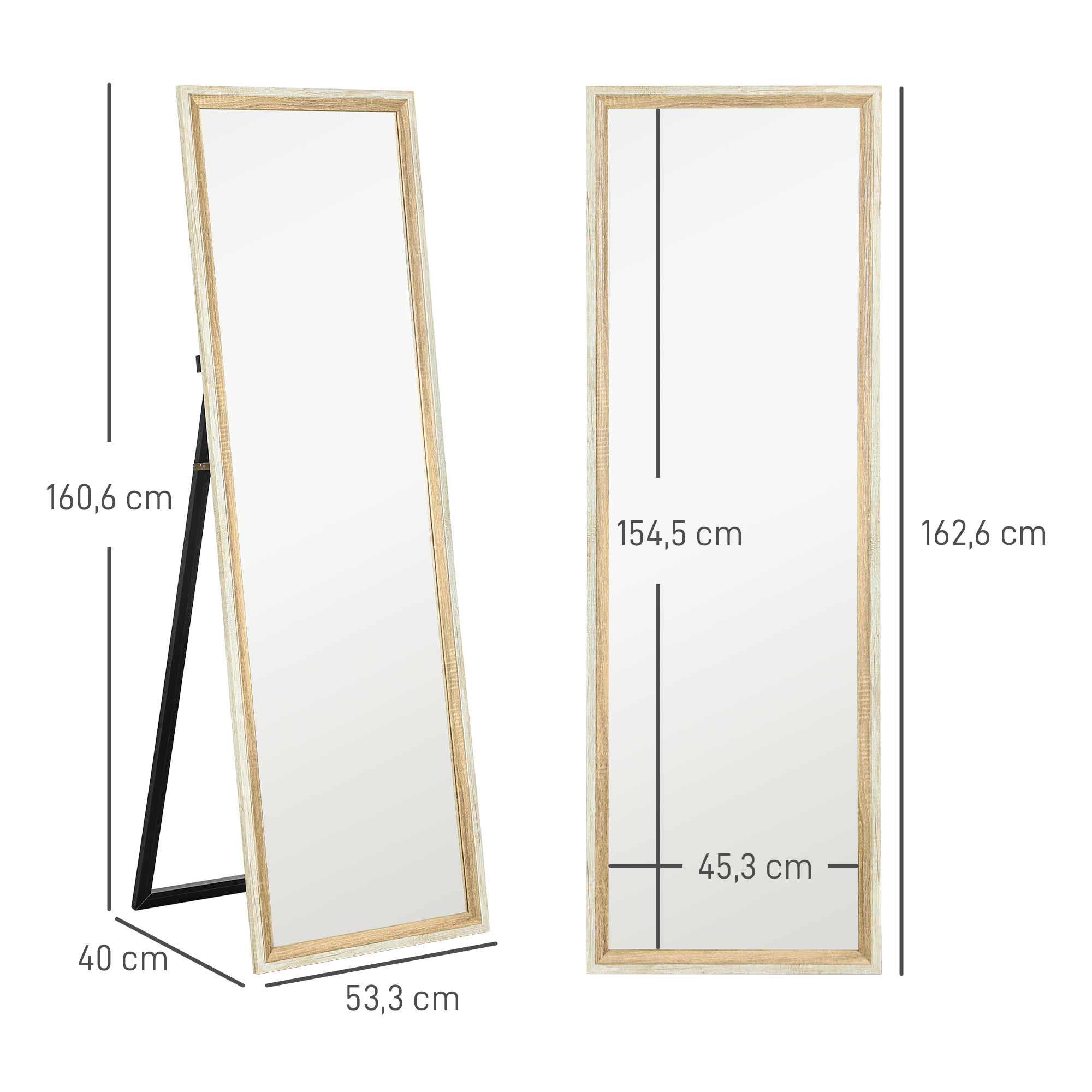 Ganzkörperspiegel, MDF-Rahmen, splitterfreie Folie, 162,6 x 53,3 cm, Naturholz