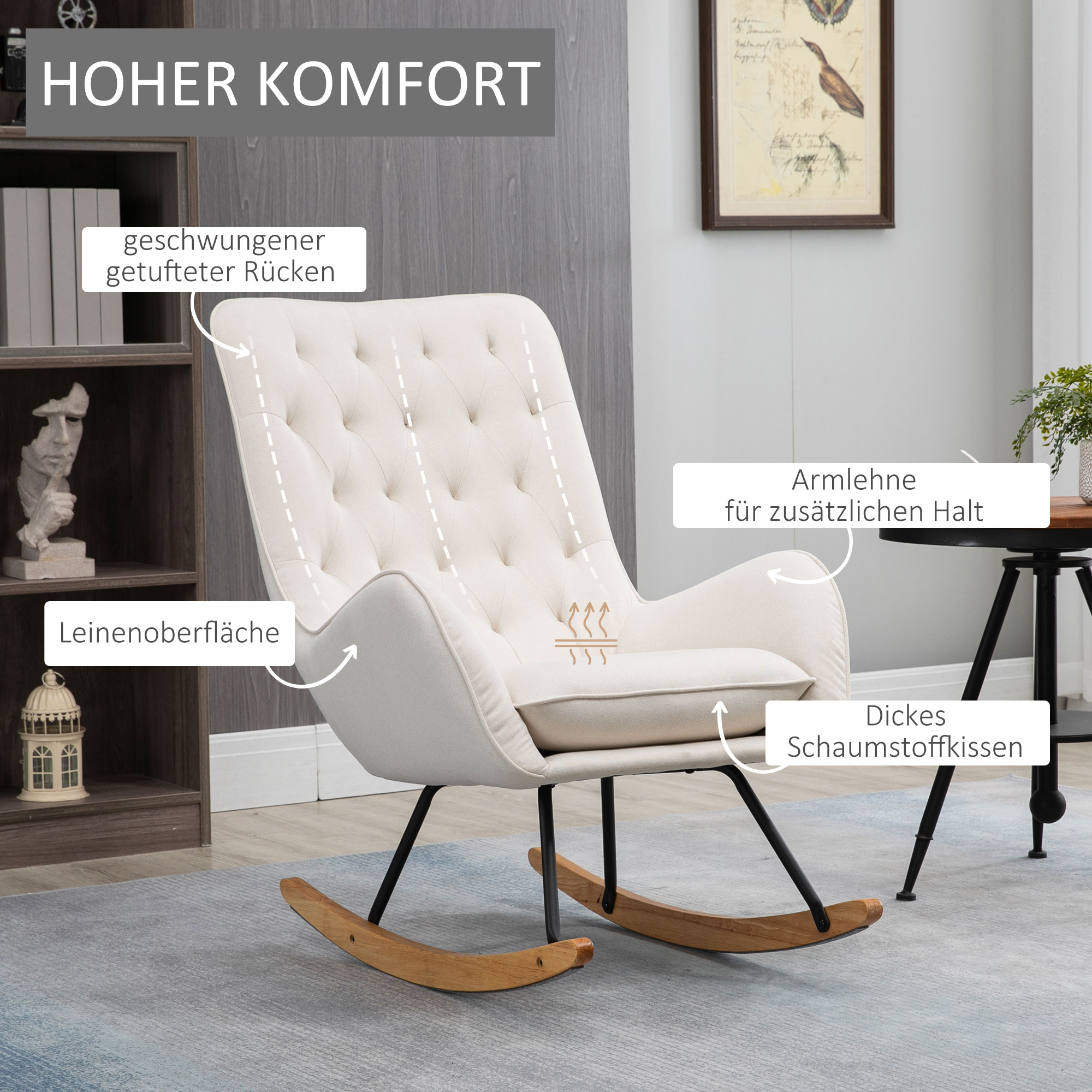 Schaukelstuhl im Skandi-Design Relaxsessel, Knopfheftung, 69 cm x 90 cm x 100 cm, Creme + Natur + Schwarz