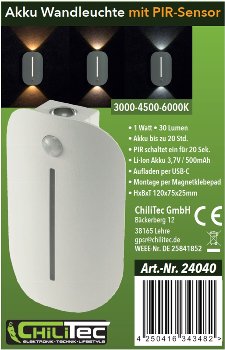 Wandleuchte mit Bewegungsmelder CT-WLA - 120° Erfassung, Akkubetrieb, USB-C