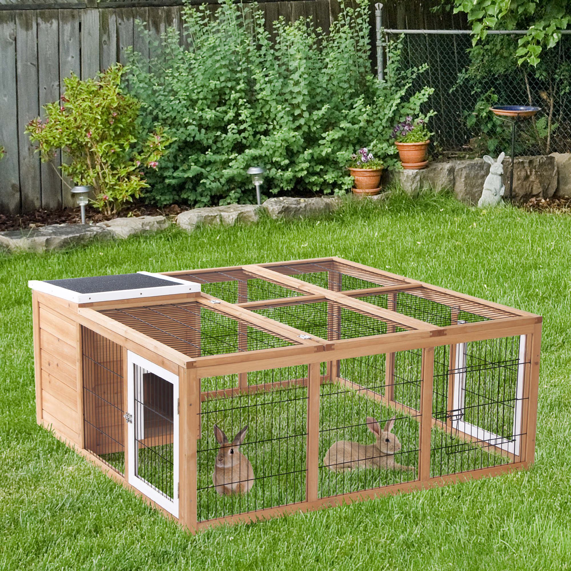 Kleintierstall mit Freigehege, aufklappbares Dach, wetterbeständig, 123 cm x 120 cm x 52 cm, Braun