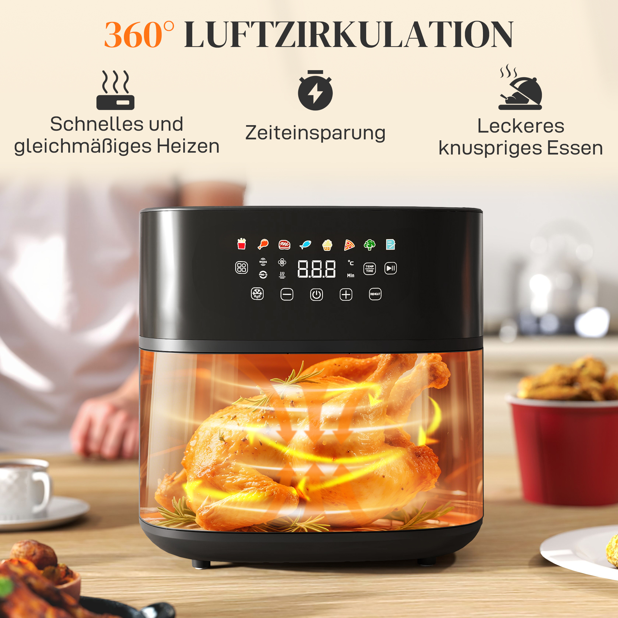 Heißluftfritteuse, Air Fryer, 8 Programme, 8 Liter, LED-Screen, Schwarz