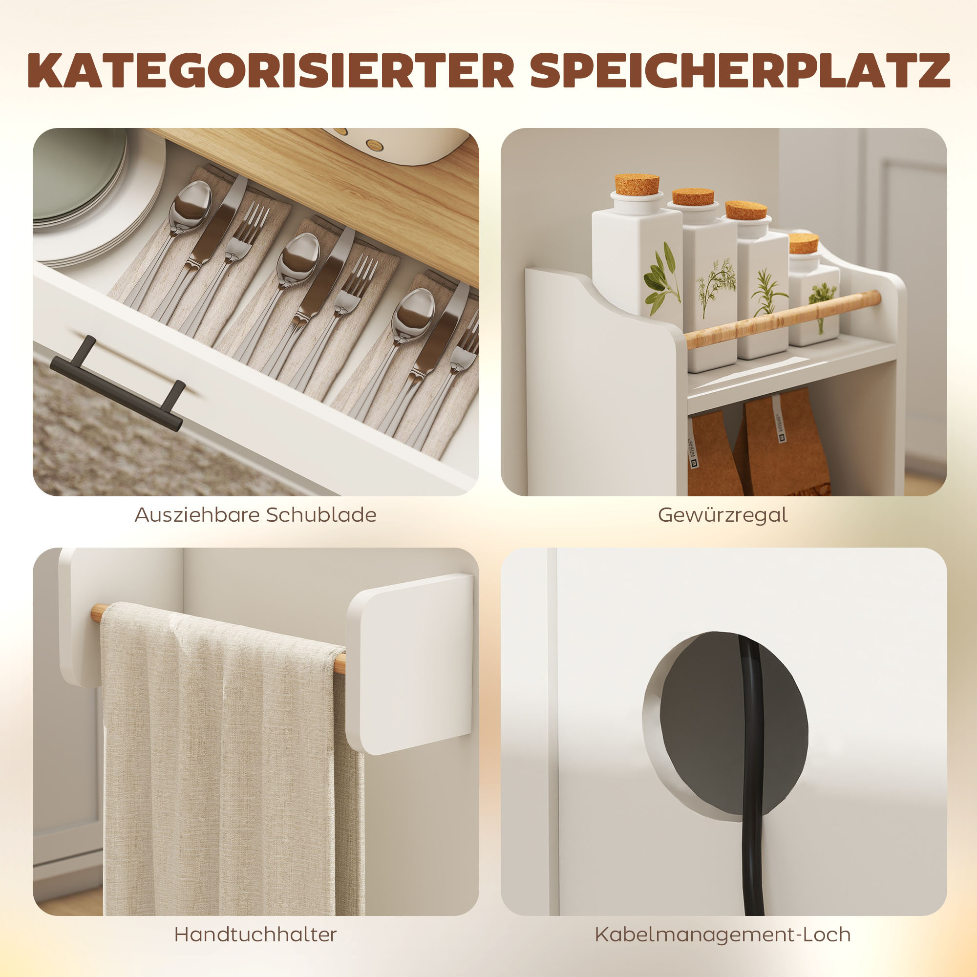 Kücheninsel, Küchenwagen auf Rollen, mit abklappbarer Arbeitsplatte, Schublade, Ablage, 120 x 68 x 85 cm, Weiß