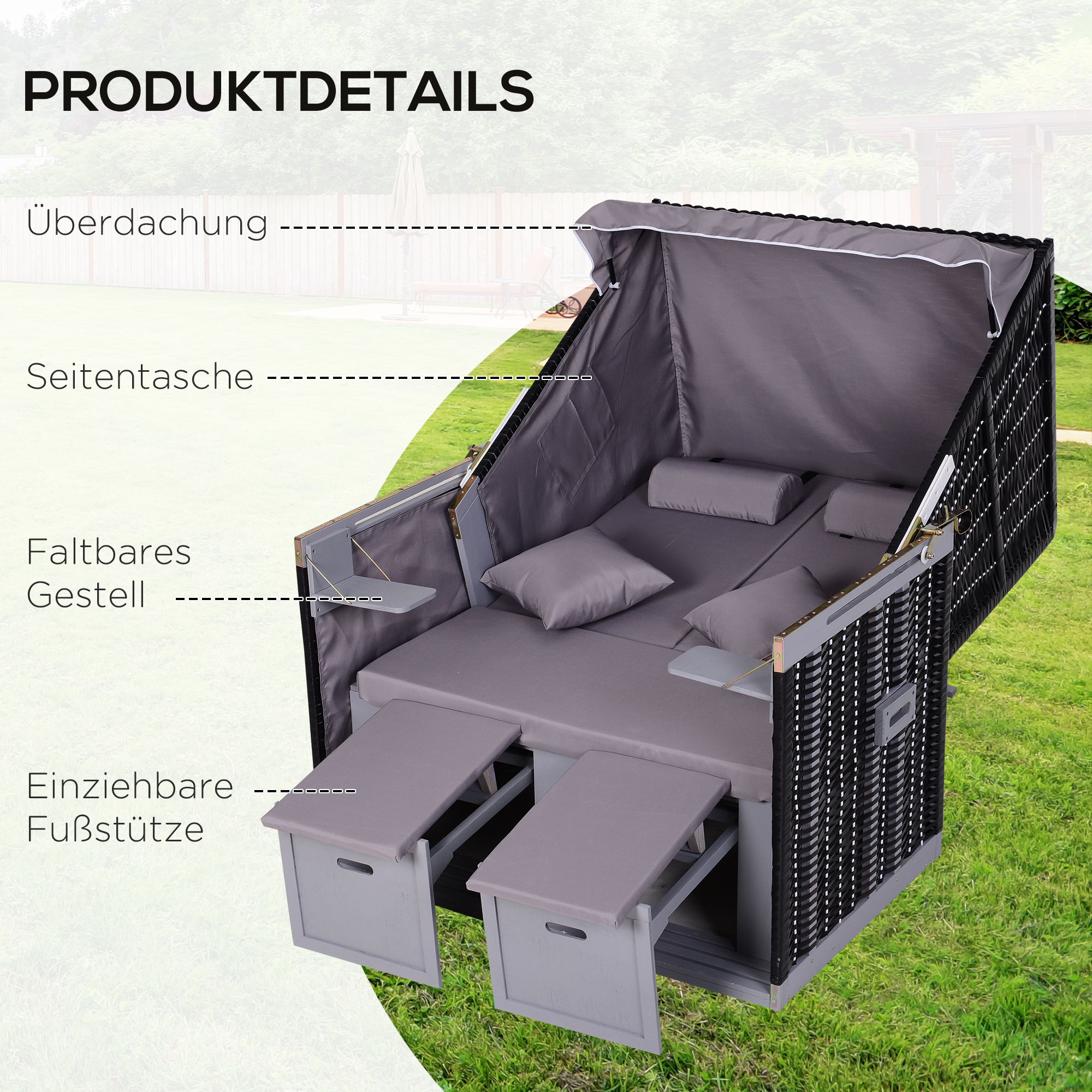 Strandkorb für 2 Personen mit neigbarer Rücklehne Grau 118 x 79 x 150cm