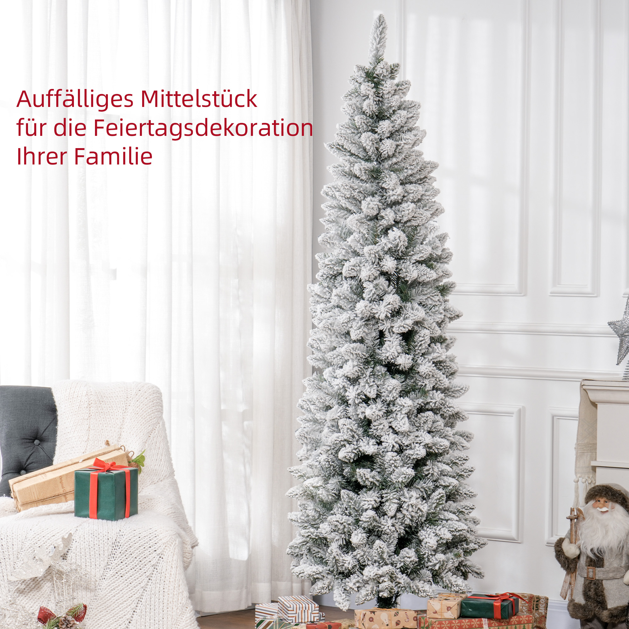 Weihnachtsbaum, flammenhemmend, mit Kunstschnee, schlank, Stahlfuß, 75 x 210 cm, Grün