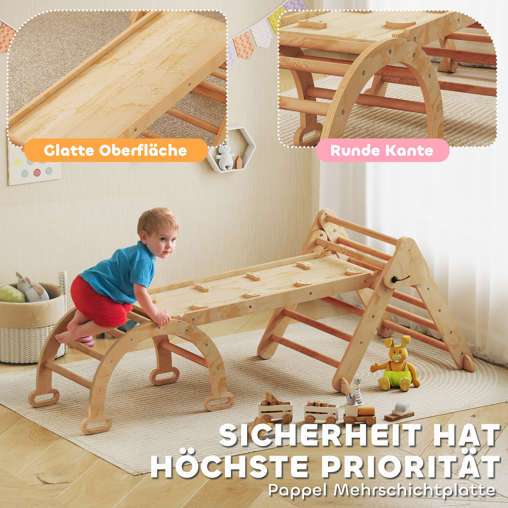 7-in-1 Klettergerüst, Bogenleiter, Dreiecksleiter, Rampe, Kletterwand, Rutsche, für Kinder von 1,5-4 Jahren, zusammenklappbar, Holz