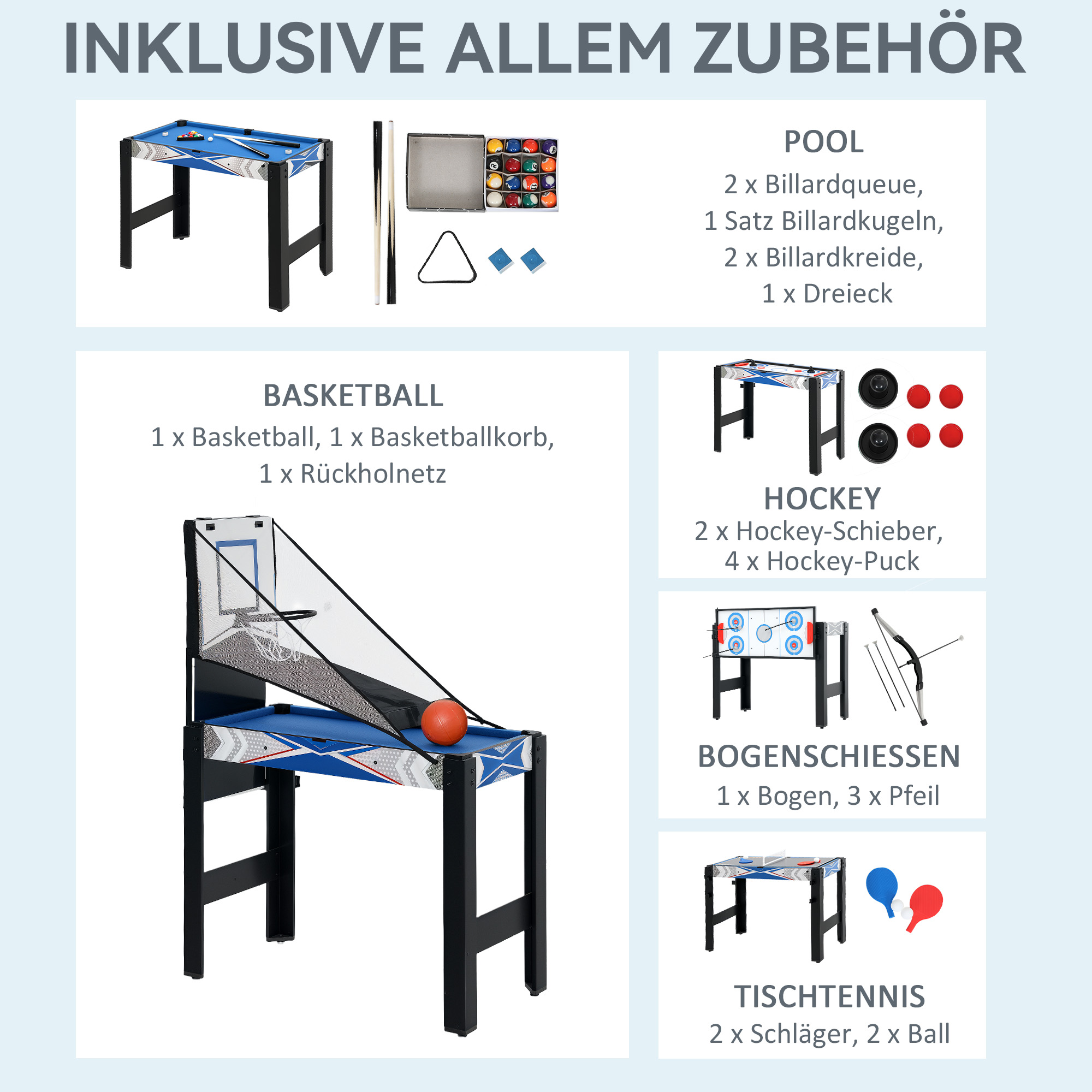 5-in-1-Spieletisch, Billard, Tischtennis, Hockey, Basketball, Bogenschießen, Zubehör inklusive, MDF, Kunststoff, Blau