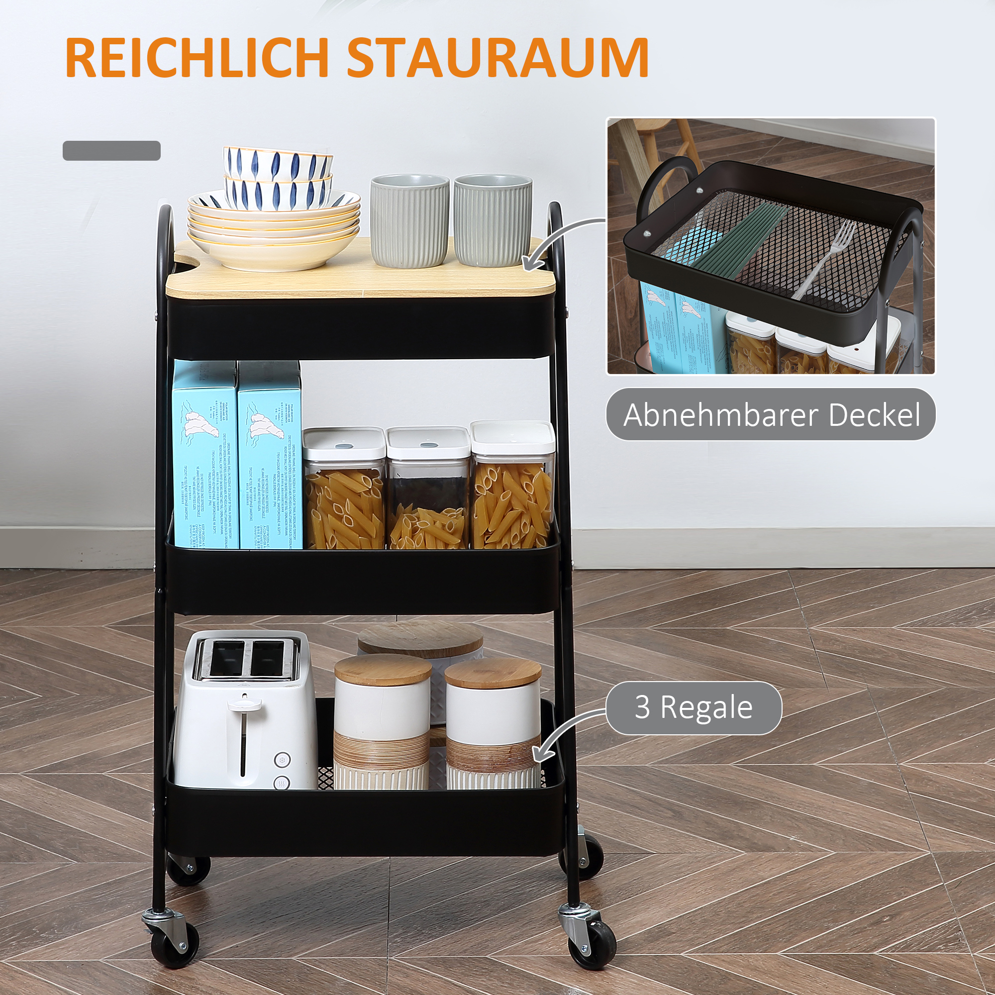 Rollwagen, Servierwagen mit 3 Korbböden, Metall, Kunststoff, Schwarz