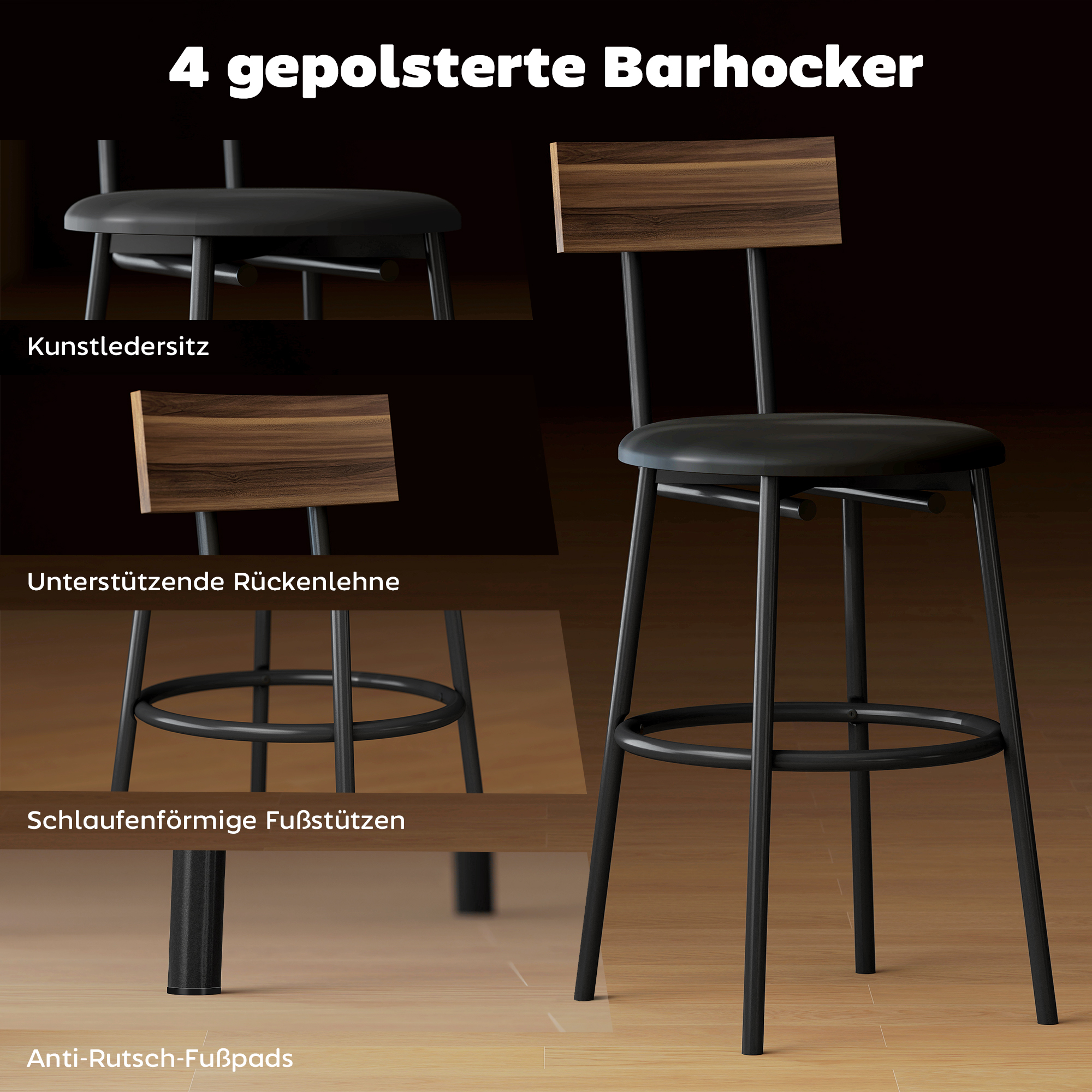 5-teiliges Bartisch-Set mit 4 Stühlen, Industrielles Design, für Küche, Esszimmer, Holz, Stahl, Braun