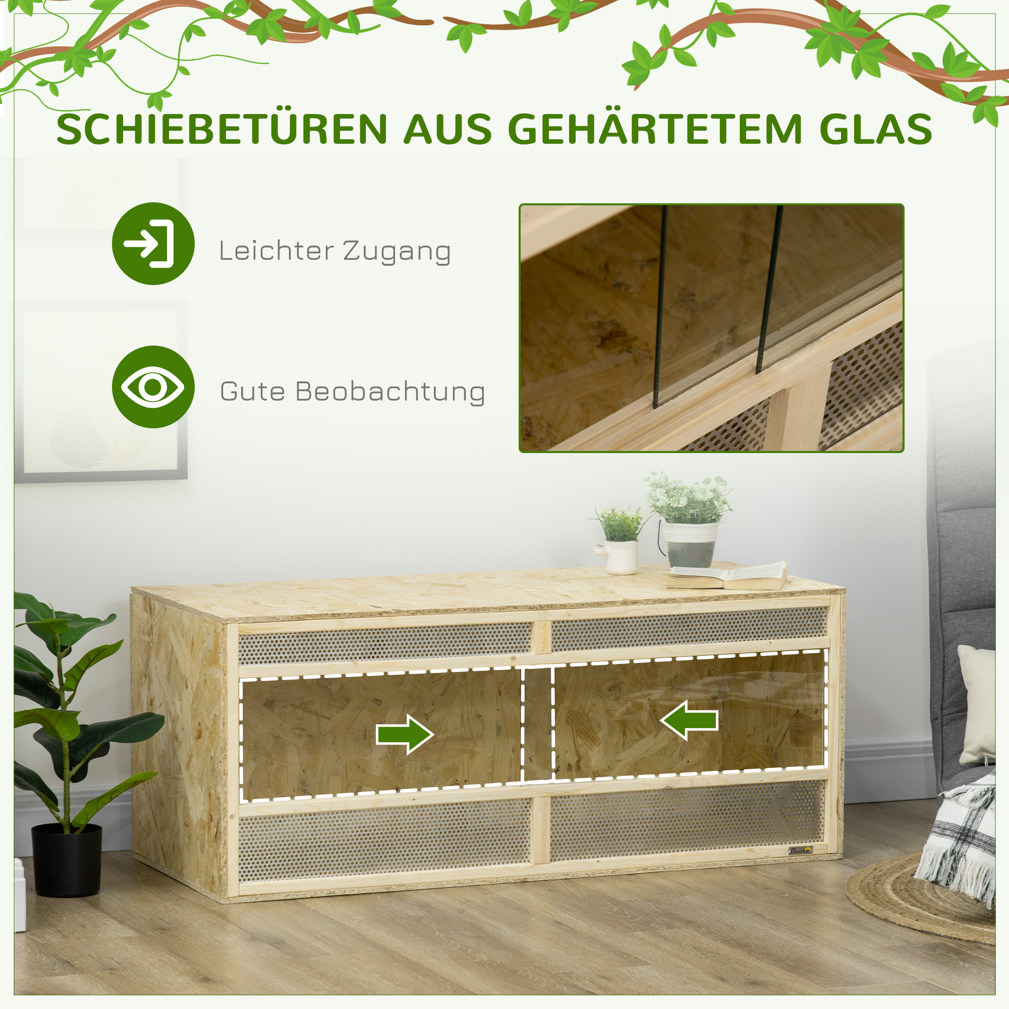 Terrarium für Reptilien/Amphibien, Glasschiebetüren, Lüftungsgitter, 120x50x50cm