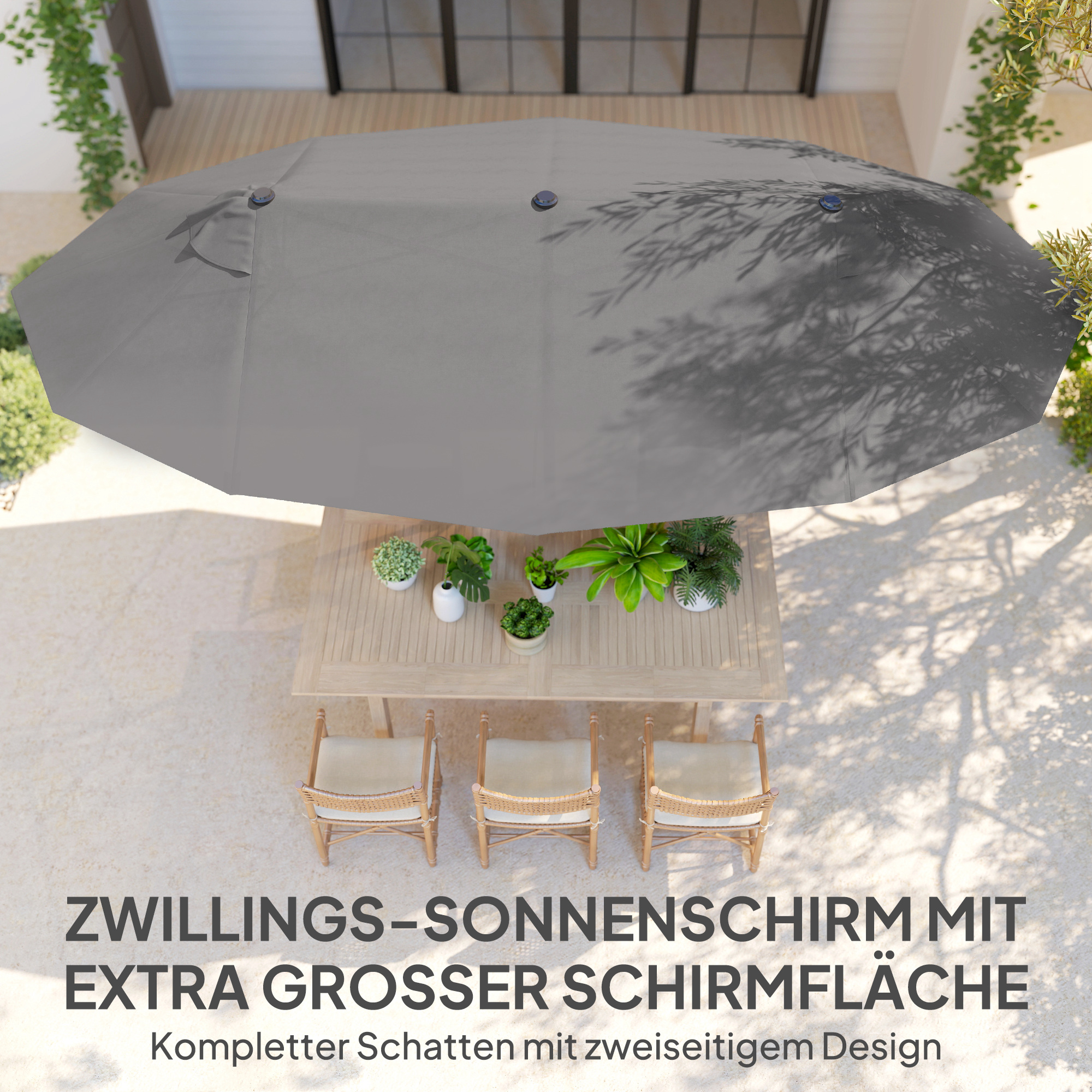 Doppelsonnenschirm 455 x 265 cm, UV Schutz Sonnenschirm mit Handkurbel, Balkonschirm windfest Kurbelschirm Sonnenschutz für Balkon Garten, Grau