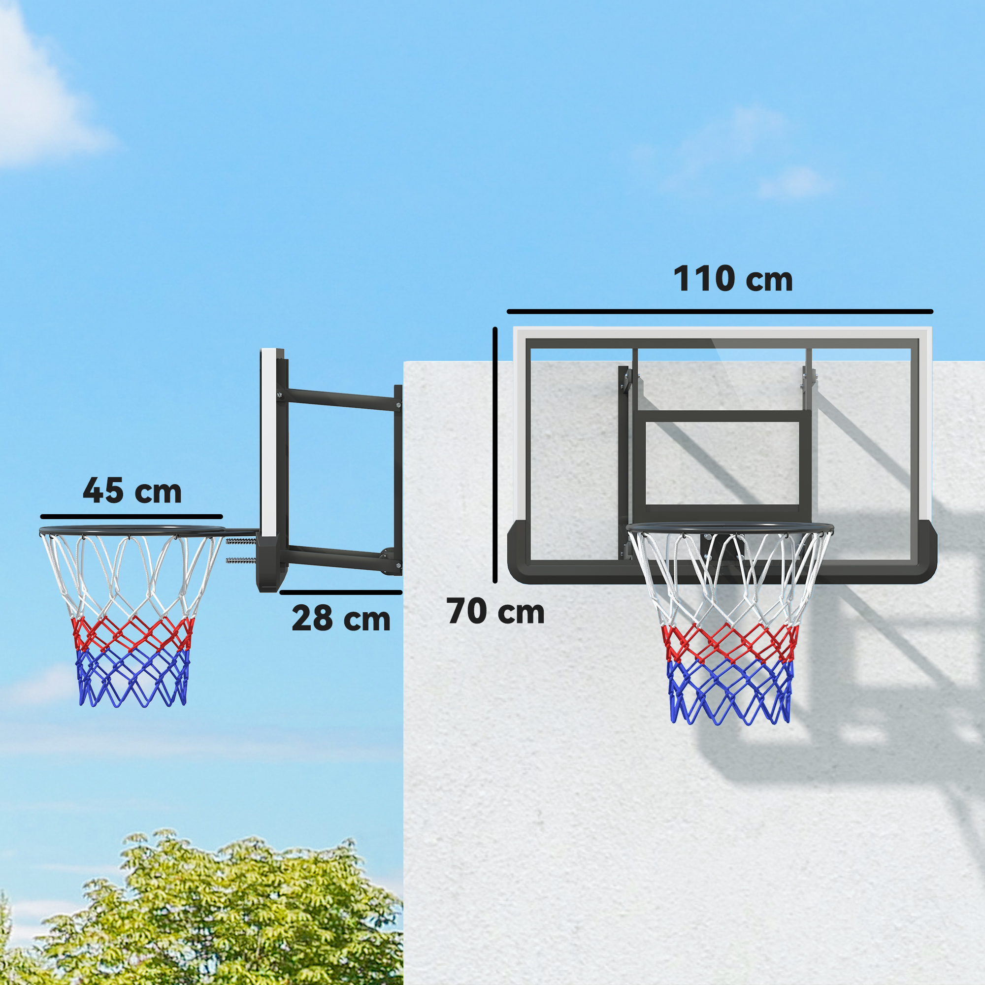 Basketballkorb für Wandmontage, gefederter Korb, bruchsichere Rückwand, Schwarz