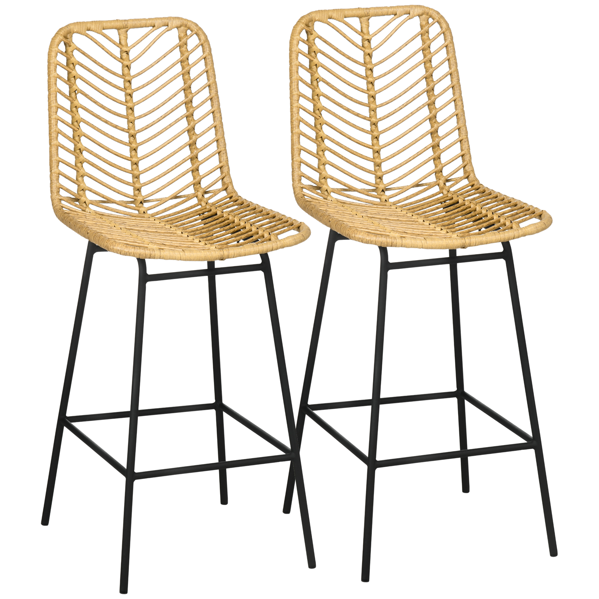 2er Set Barhocker mit Lehne Barstühle im Boho-Design, PE-Rattan, inkl, Fußtstütze, 42,5 cm x 52 cm x 102 cm, Gelb + Schwarz