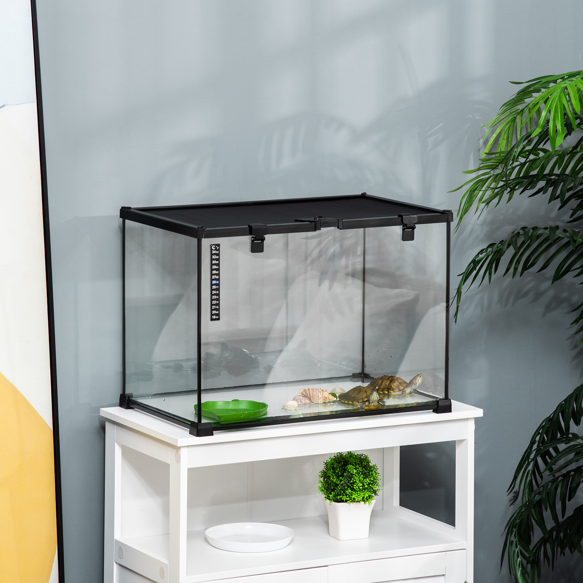 Terrarium für Reptilien Reptile Fütterungsbox Glasterrarium Amphibien Spinnentiere mit Thermometer Reptilienzuchtbox Metall Schwarz 50 x 30 x 35 cm