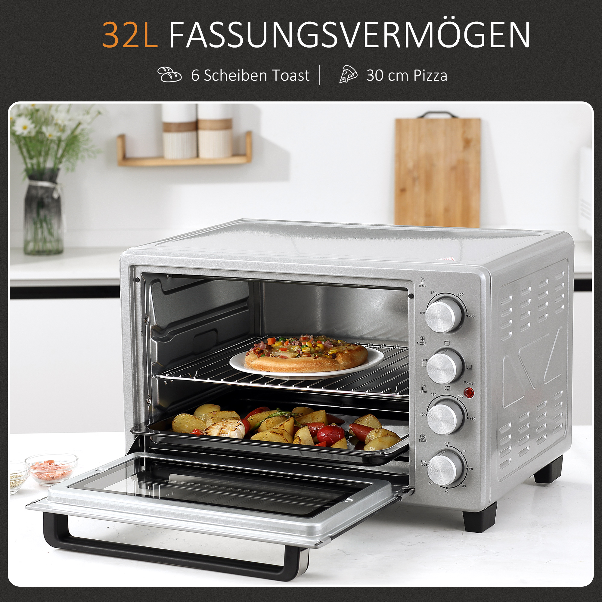 Mini Backofen 32L 100 °C-230 °C 1600 W Mini Ofen mit Backblech Krümelblech Grillrost und 3 Kochmodi Pizzaofen mit Timer Backblech-Griff Edelstahl Silber