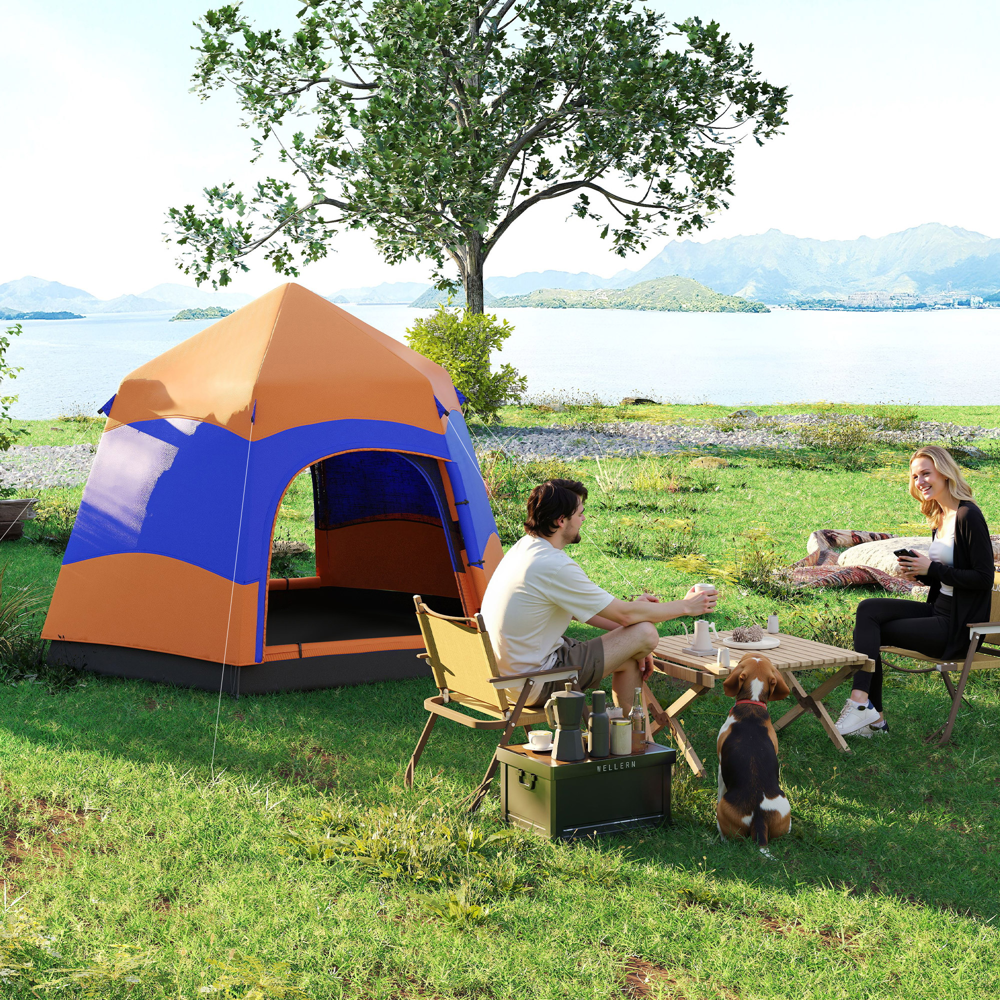 Doppellagiges Instant-Pop-Up-Zelt mit Regenschutz, Outdoor Familienzelt für 4 Personen wasserdicht sechseckig 4 Jahreszeiten Kuppelzelt mit Bodenplane 2 Türen Moskitonetz Tragetasche Orange