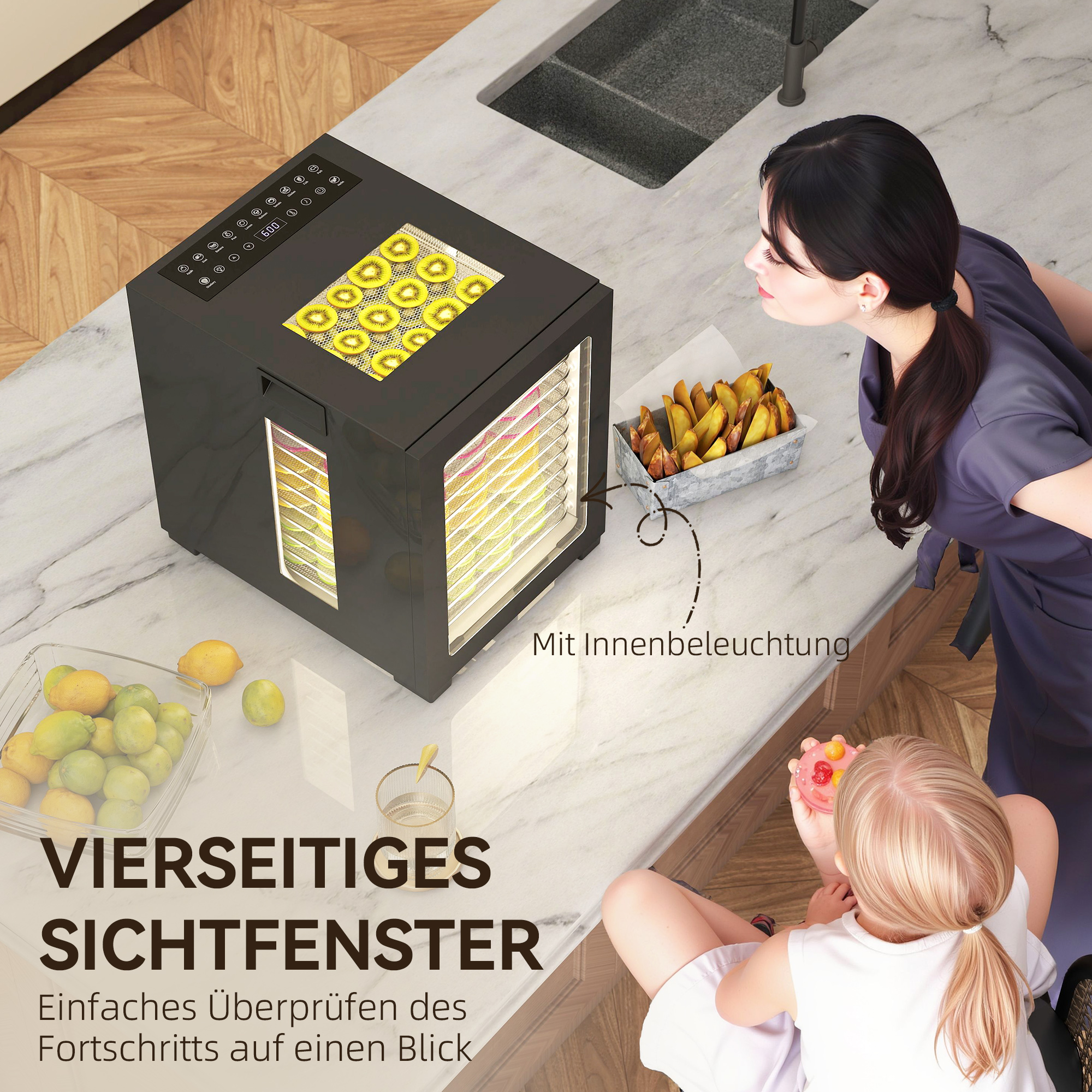 Dörrautomat Dörrgerät, 850 W, 40-70°C Temperaturregler, 48 Std, Timer, 12 Einlegefächer Edelstahl Schwarz