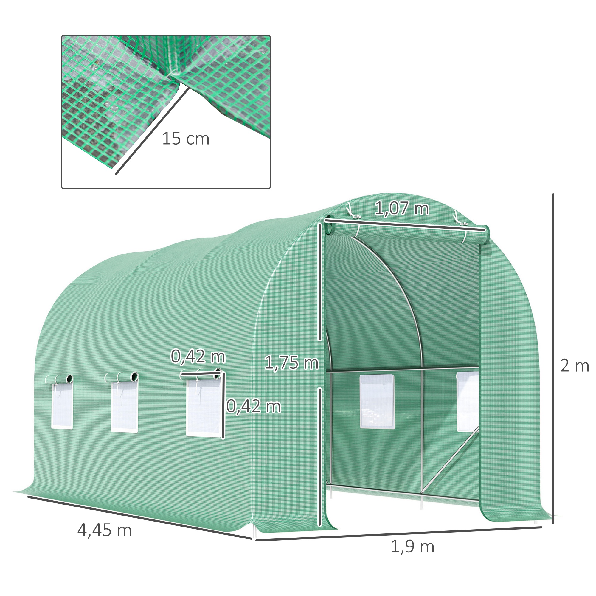 Gewächshaus 445x190x200cm Foliengewächshaus Tomatenhaus Tür mit Moskitonetz, Fenster, Folientunnel aus verzinktem Stahl, stabiles Pflanztunnel, Treibhaus inkl, Erdanker Seilen, Grün