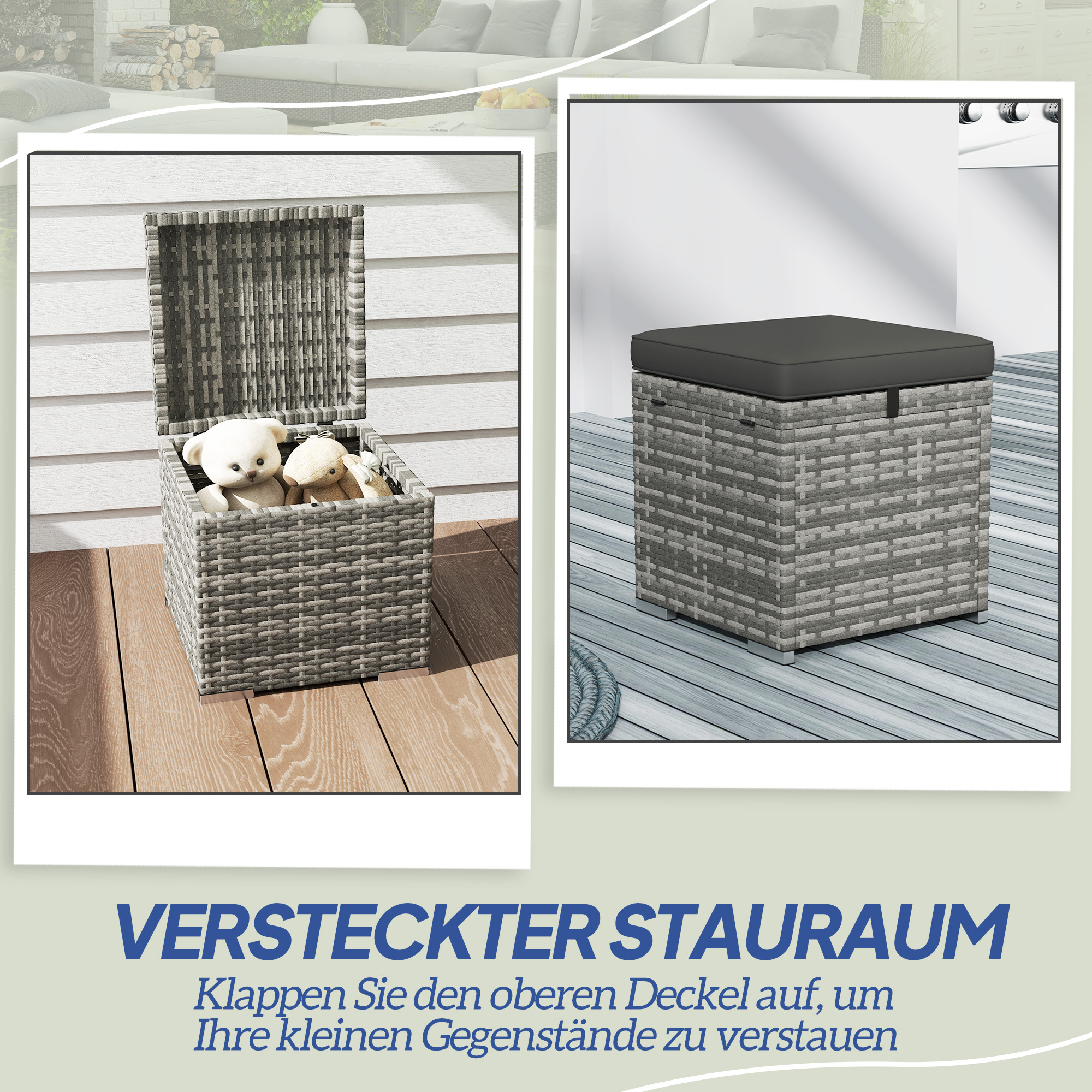 2er Set Rattan Hocker Sitzhocker mit Rattanoptik Stauraum Kissen Deckel 120 kg belastbar 40x40x41cm Dunkelgrau