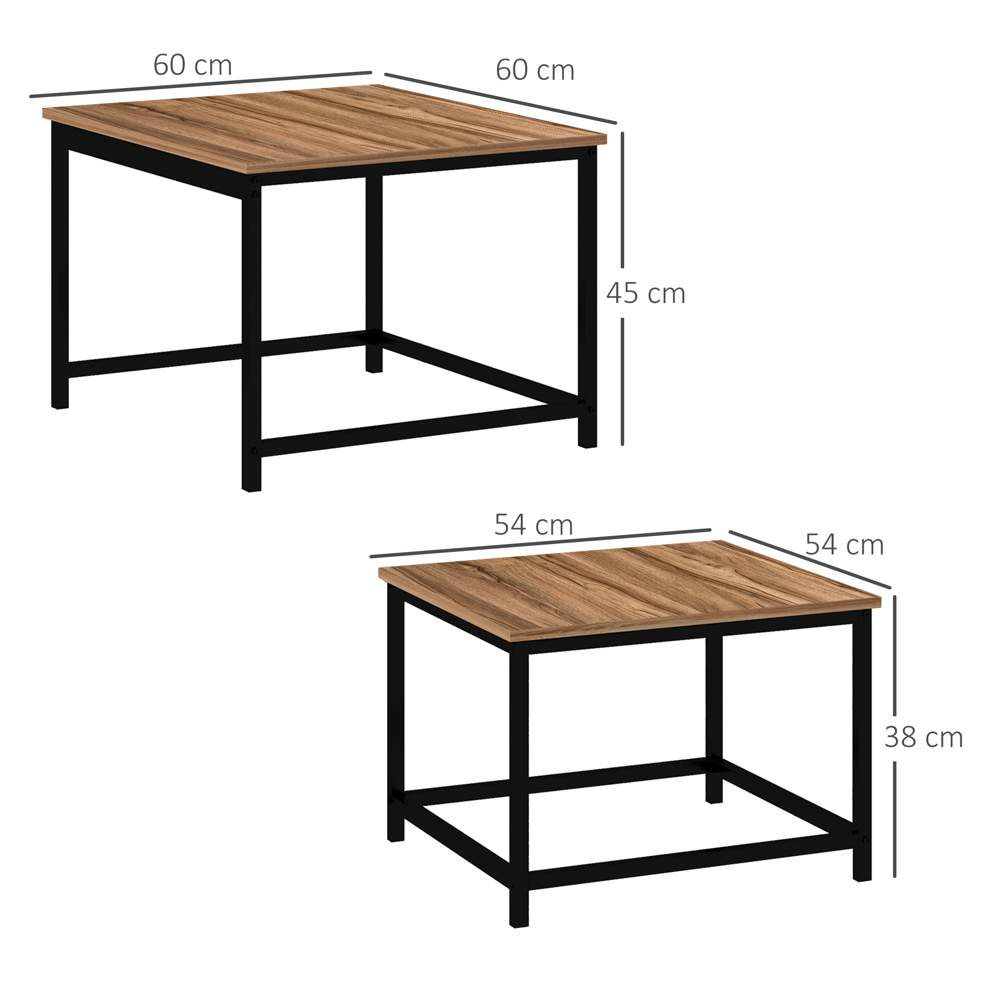 Satztisch-Set aus 2 Beistelltischen, Industrial Design, schwarzer Stahlrahmen, Tischplatte in Holzoptik