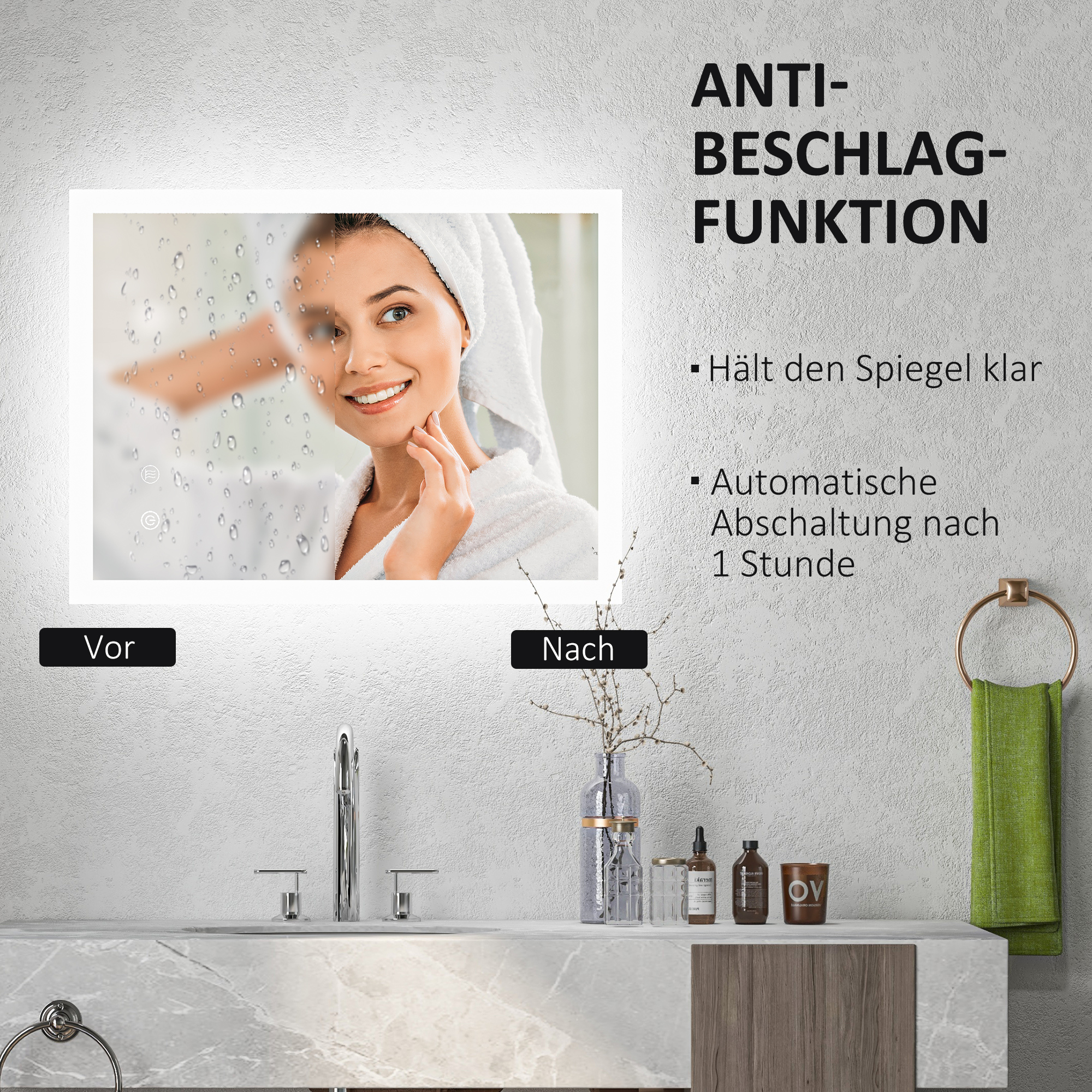 LED Badezimmerspiegel, Hintergrundbeleuchtung, Touch-Funktion, Memory-Funktion, kein Beschlagen, 80 x 60 cm