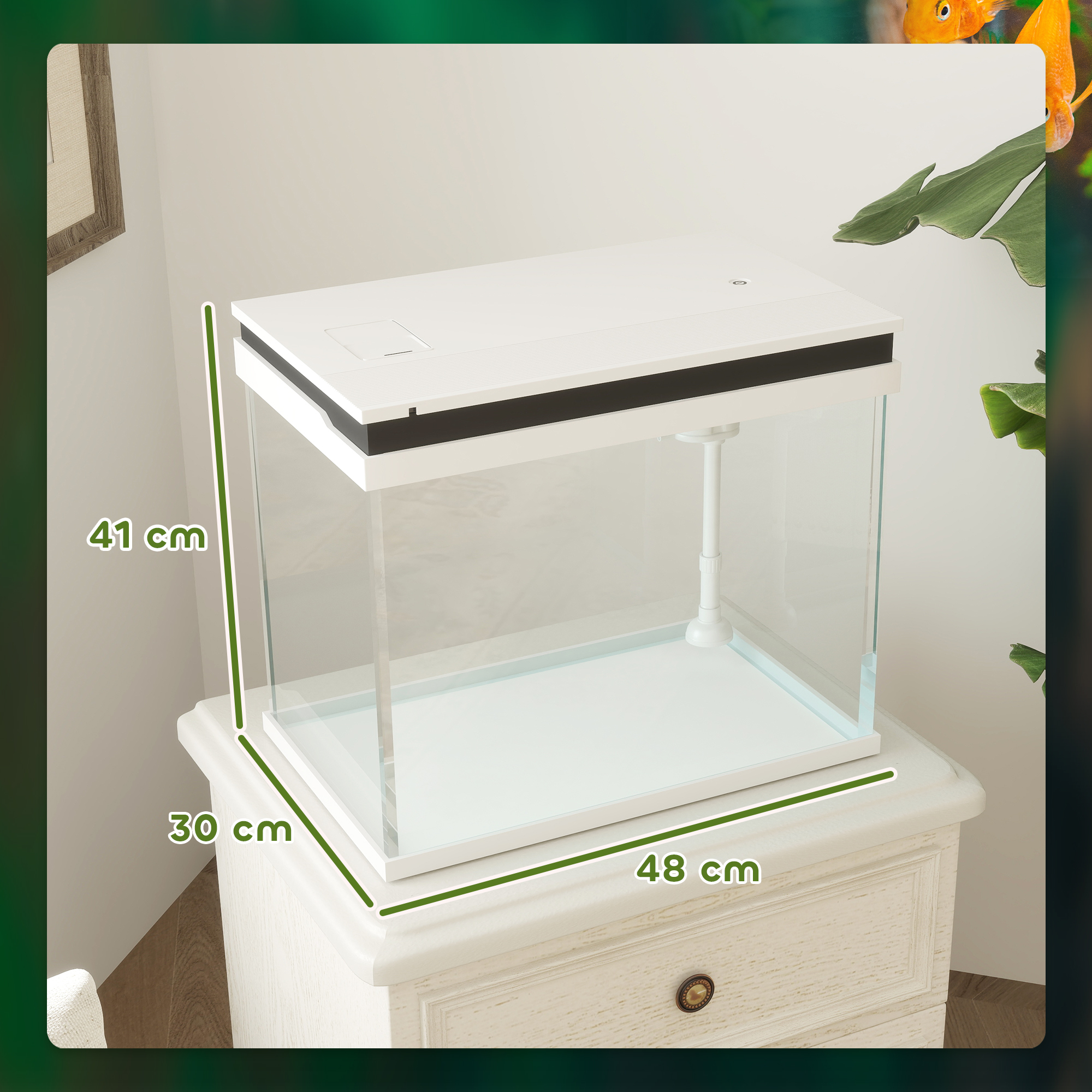 41 Liter Glas-Aquarium mit Filtersystem, LED-Lichtern, Wasserpumpe, für verschiedene Fischarten, Weiß