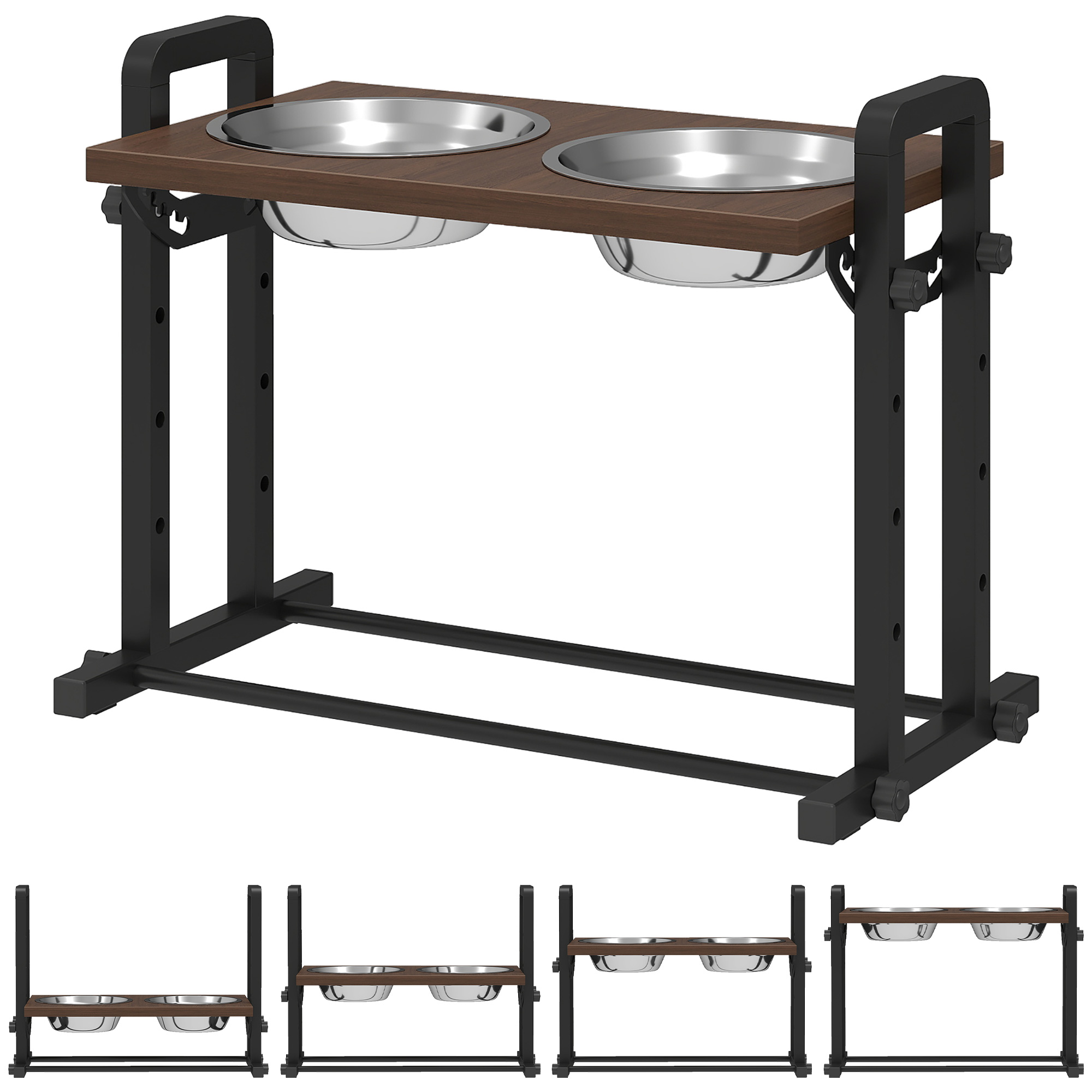 Hundenapf erhöht 4 höhenverstellbare Futternapf mit Ständer, 2 x 1,2l Edelstahlnäpfen, 3 einstellbaren Winkeln, Braun