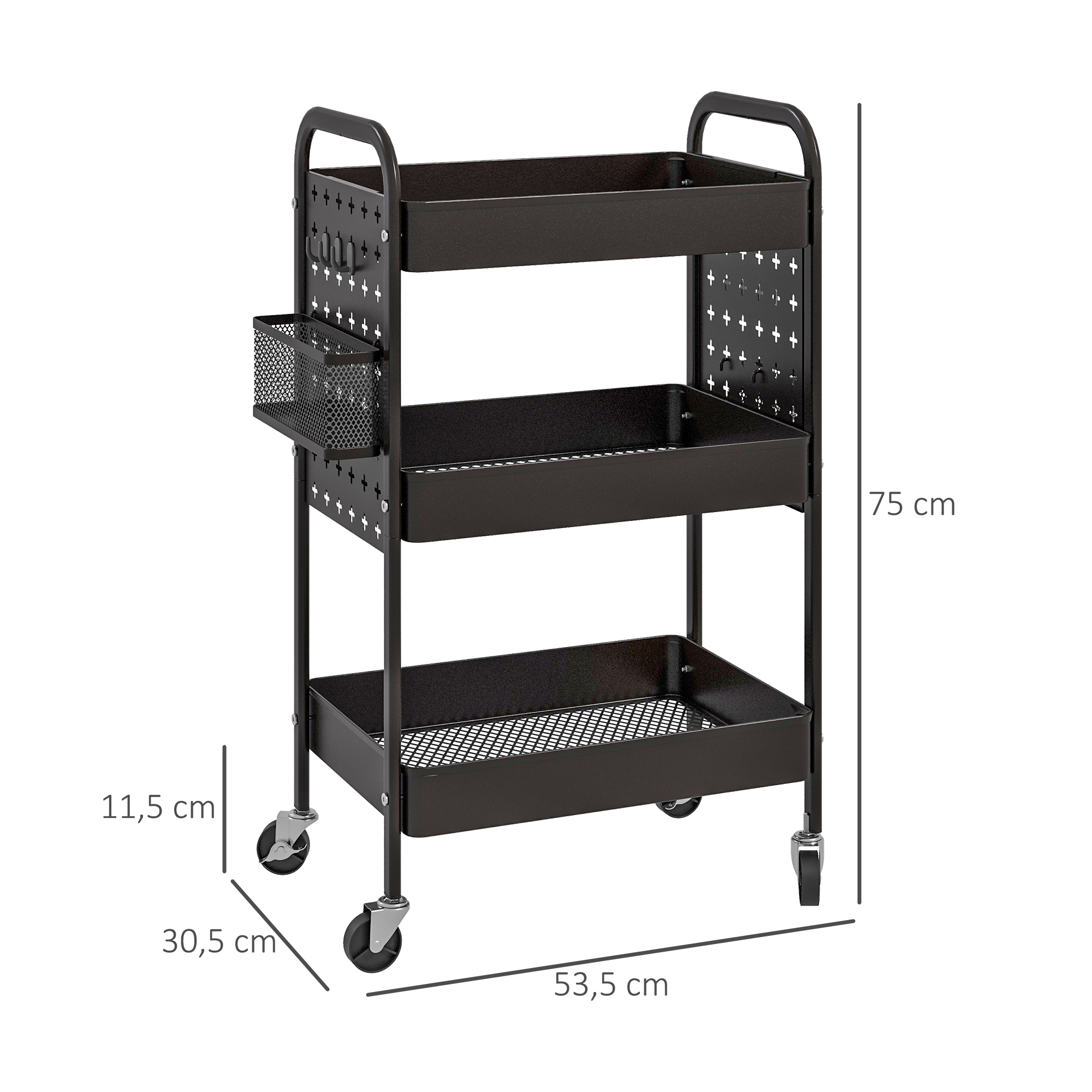 Mehrzweckwagen Rollwagen Küchenwagen, 3 Regale, 4 Rollen, 53,5 cm x 30,5 cm x 75 cm, Schwarz