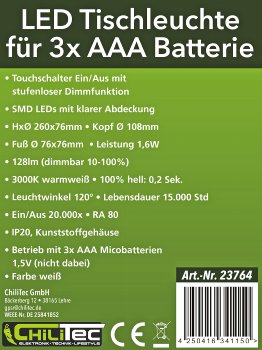 LED Tischleuchte 26cm, Weiß, 3xAA A Batterie, dimmbar, Licht warmweiß