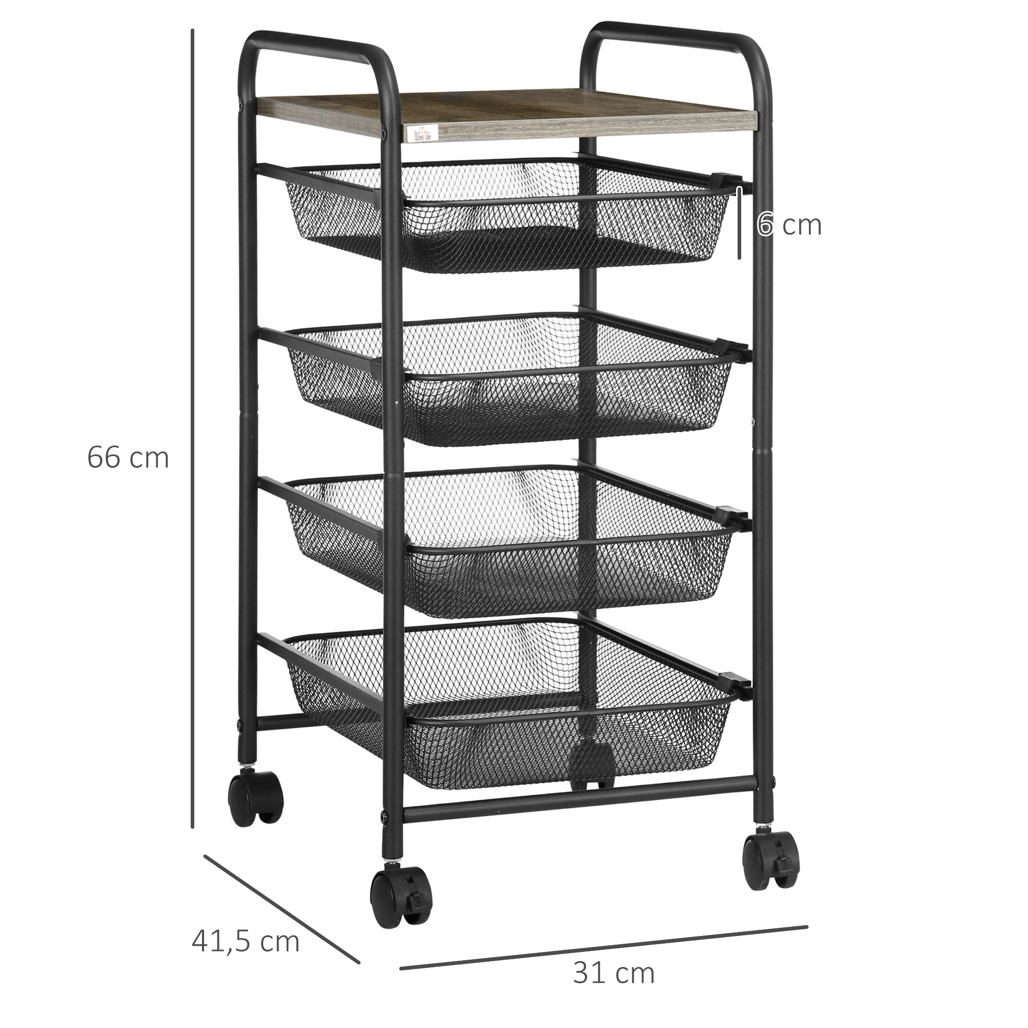 Rollwagen mit 4 Körben, Küchenwagen, 4 Räder mit 2 Bremsen, Allzweckwagen, Schwarz, 41,5 x 31 x 66 cm