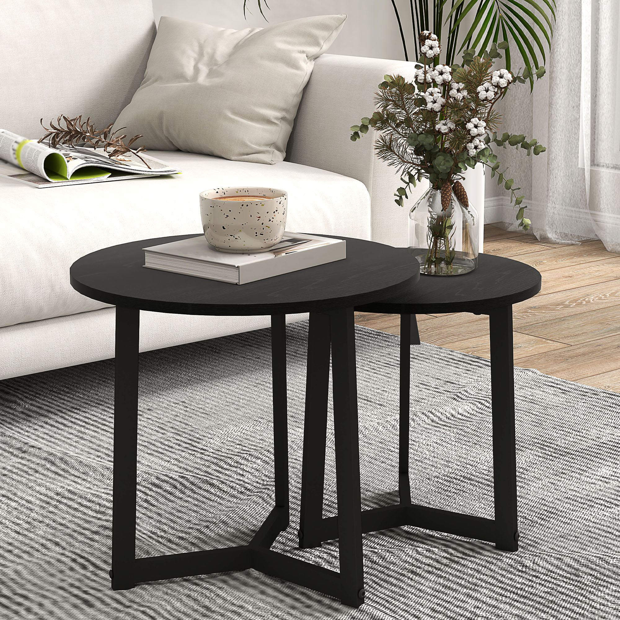 Moderner Couchtisch als 2er-Set, Metallrahmen, MDF, Rundes Design, ineinander verschiebbar, Schwarz