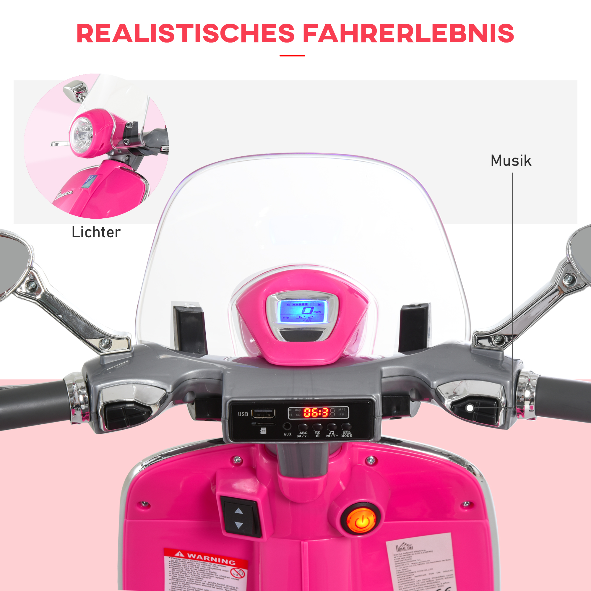 Elektro-Motorrad für Kinder mit MP3-Musik, Scheinwerfern, 3-6 Jahre, Kunstleder, Metall, 108 x 49 x 75 cm, Rosa