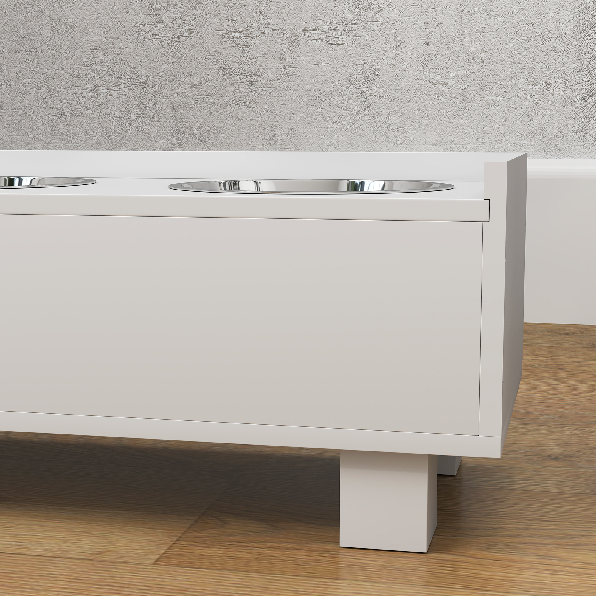 erhöhte Fütterungsstation für Hunde, mit abnehmbarer Slow-Feeder-Matte, 2 Aluminiumschüsseln, Stauraum, Weiß