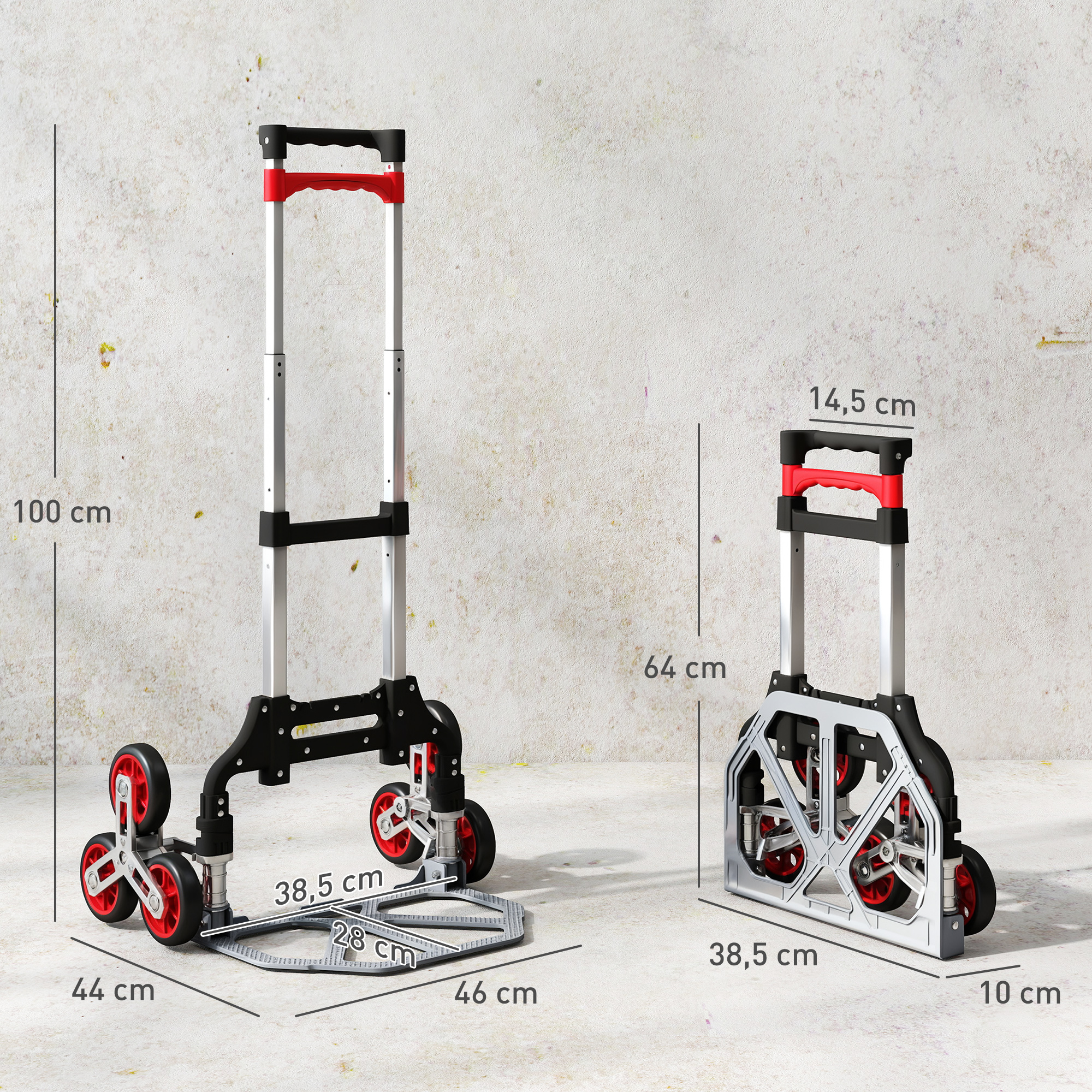 Faltbarer Treppensteiger-Trolley, 6-Rad-System, trägt 70 kg, Aluminium, Rot