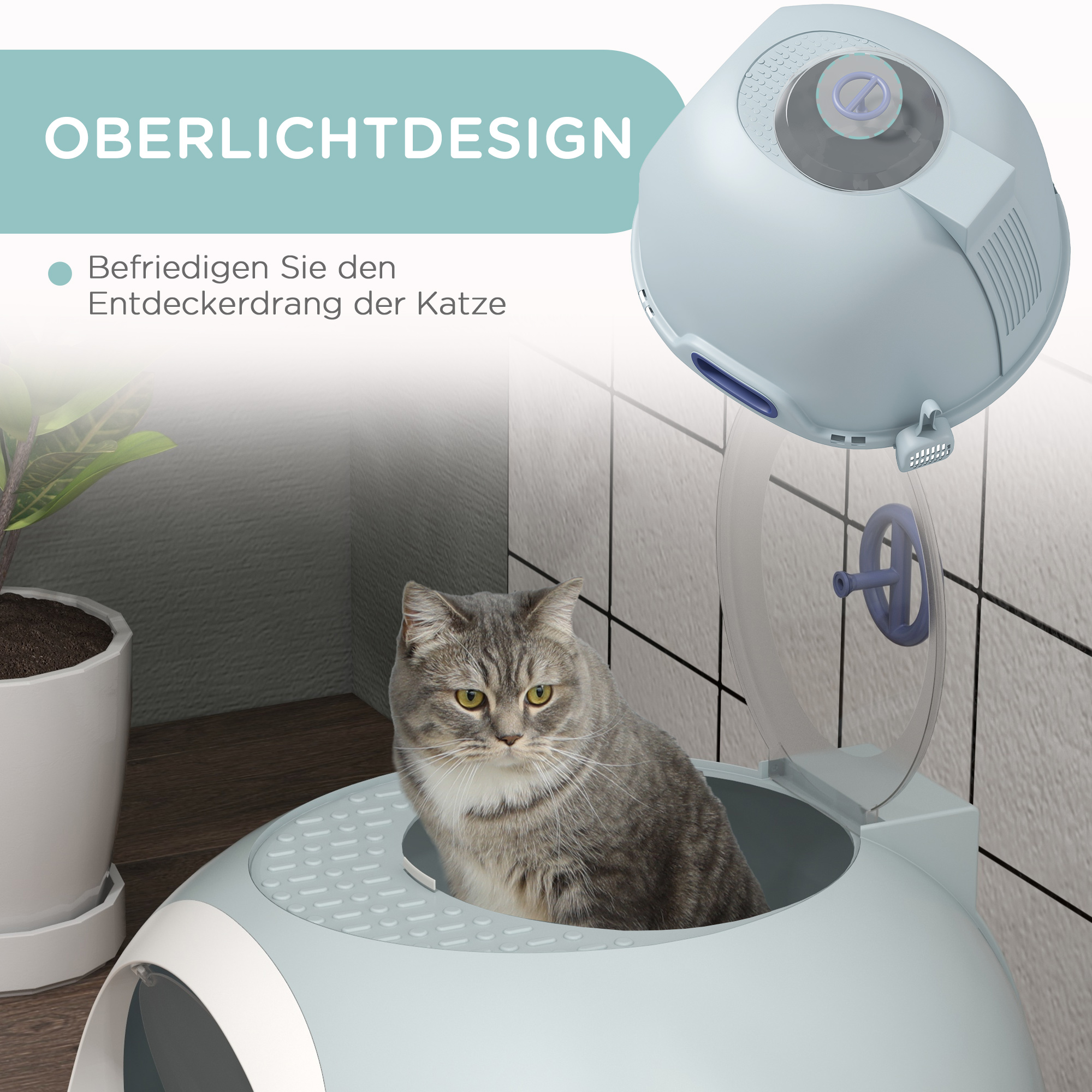 Katzentoilette mit Dachfenster, Katzenklo mit Bodenschale, mit Schaufel, Tragbar, PP ABS, See-Blau, 47 x 55 x 44 cm